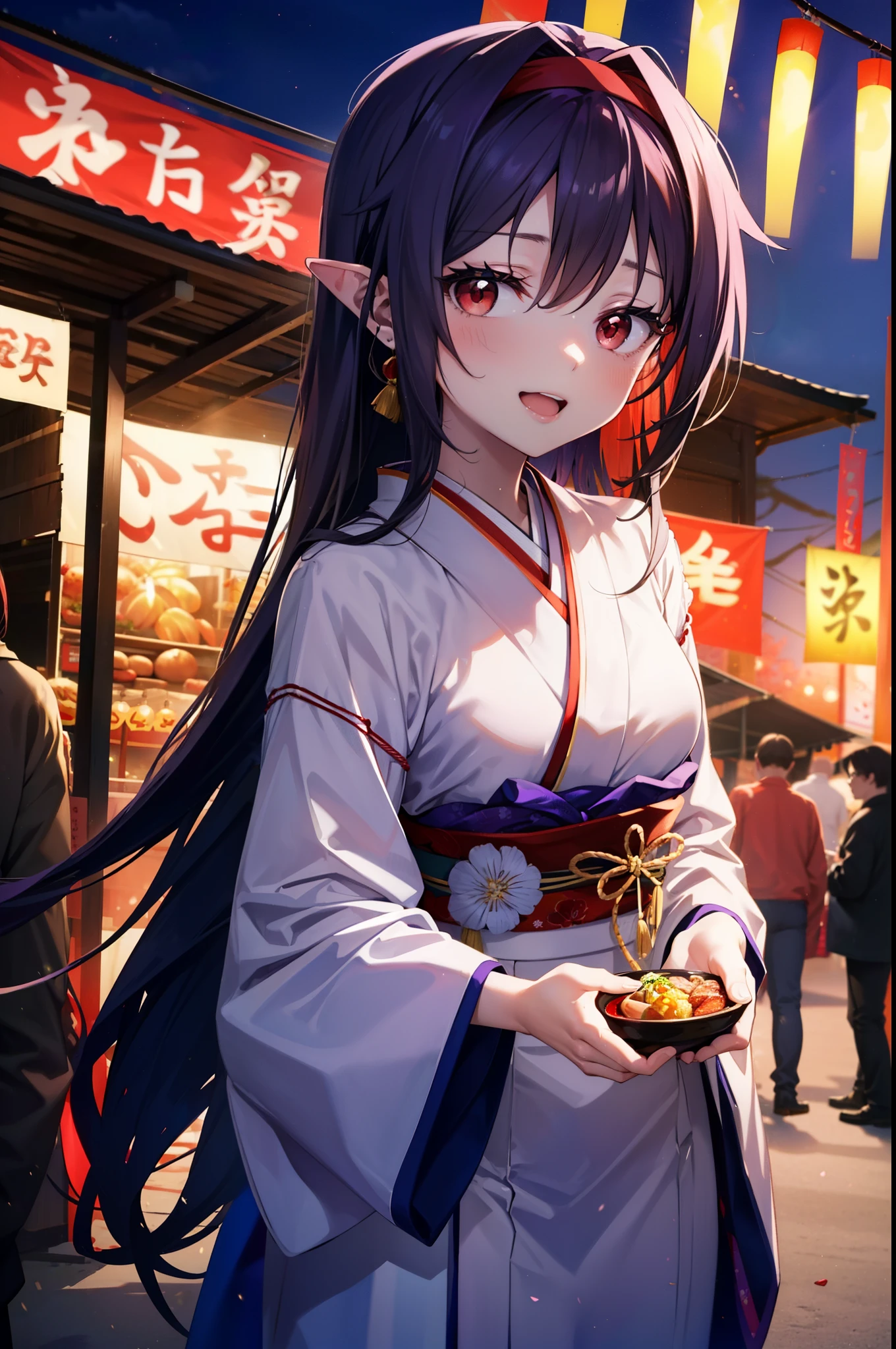 yuukikonno, Konno Yuuki, hair band, Long Hair, Pointed Ears, Purple Hair, (Red eyes:1.5), (Small breasts:1.2), Open your mouth,Open your mouth,Long Hair,happy smile, smile, Open your mouth,Purple Kimono,Long sleeve,Sandals,night空の花火,Fireworks display,Japanese Festivals,Summer festival food stalls,Red Lantern, night,whole bodyがイラストに入るように,Looking down from above,
break outdoors, shrine,                                              break looking at viewer,whole body,Upper Body,(Cowboy Shot:1. 5)
break (masterpiece:1.2), highest quality, High resolution, unity 8k wallpaper, (shape:0.8), (Beautiful and beautiful eyes:1.6), Highly detailed face, Perfect lighting, Highly detailed CG, (Perfect hands, Perfect Anatomy),