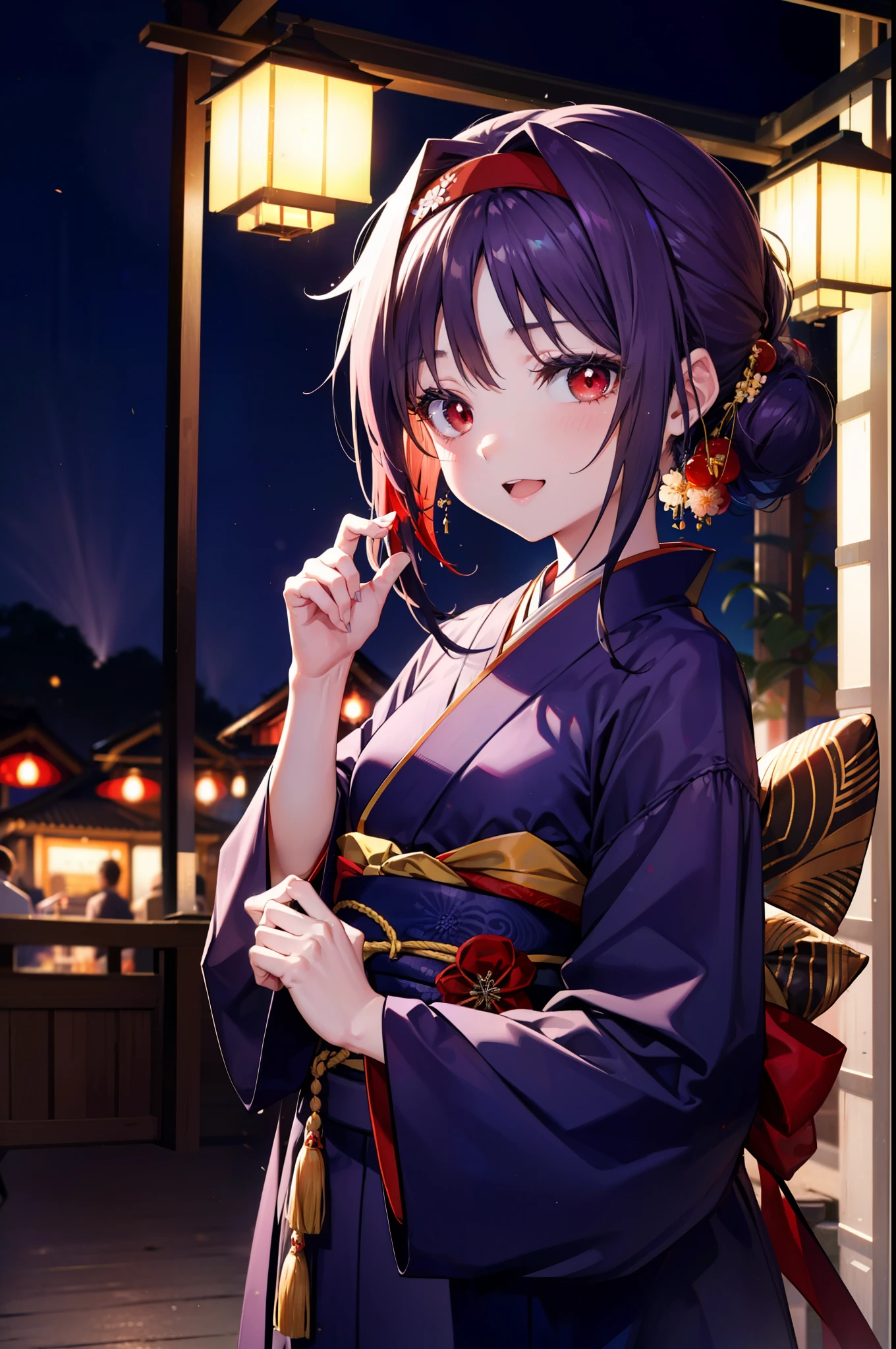 yuukikonno, Konno Yuuki, hair band, Long Hair, Pointed Ears, Purple Hair, (Red eyes:1.5), (Small breasts:1.2), Open your mouth,Open your mouth,Long Hair,happy smile, smile, Open your mouth,Purple Kimono,Long sleeve,Sandals,night空の花火,Fireworks display,Japanese Festivals,Summer festival food stalls,Red Lantern, night,whole bodyがイラストに入るように,Looking down from above,
break outdoors, shrine,                                              break looking at viewer,whole body,Upper Body,(Cowboy Shot:1. 5)
break (masterpiece:1.2), highest quality, High resolution, unity 8k wallpaper, (shape:0.8), (Beautiful and beautiful eyes:1.6), Highly detailed face, Perfect lighting, Highly detailed CG, (Perfect hands, Perfect Anatomy),