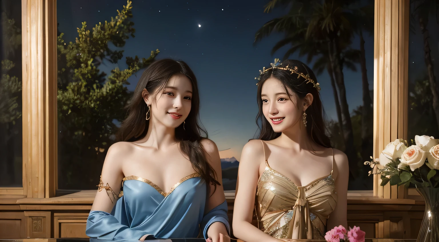 Giorgione painting style,Arguments of two female Philosophe,math、astronomical machine、astronaut、roses in vase、fruits、Cute trinkets、smile、ancient greek costume、Background is a forest lake at night 、Clothes that stretch your shoulders、A big smile、beautiful bare skin、A detailed representation of the seducing woman throughout her body.