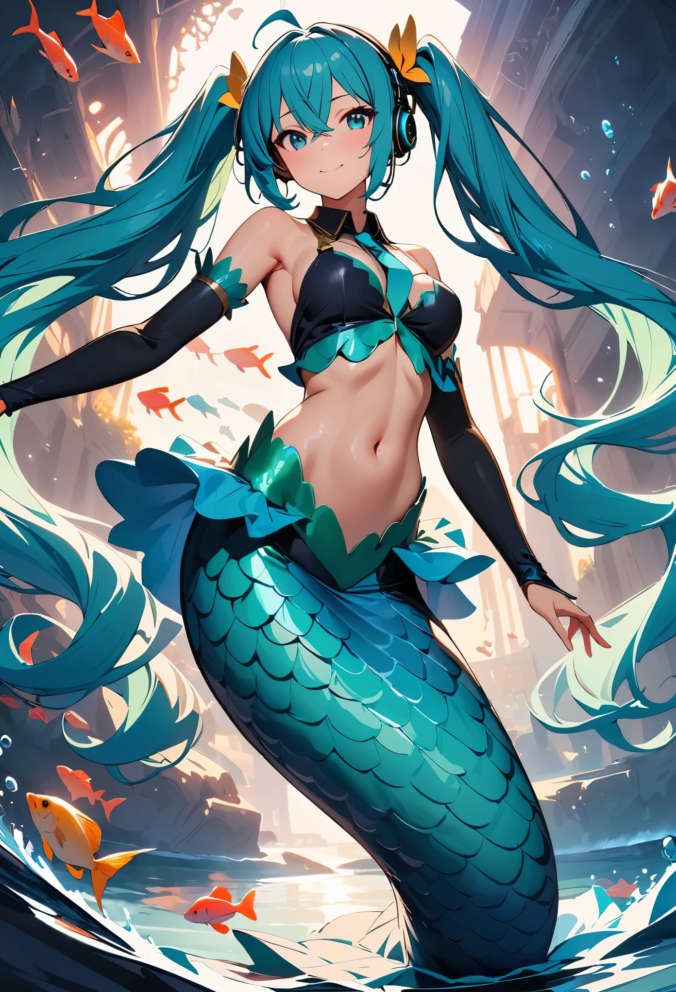 Best quality, blue mermaid, long bluish black hair, green eyes, looking at the viewer, solo, scales, no legs, fins, jewelry, crown, blue sea tail, blue mermaid tail, tail fin, babartanas, Yelan (impact genshin)