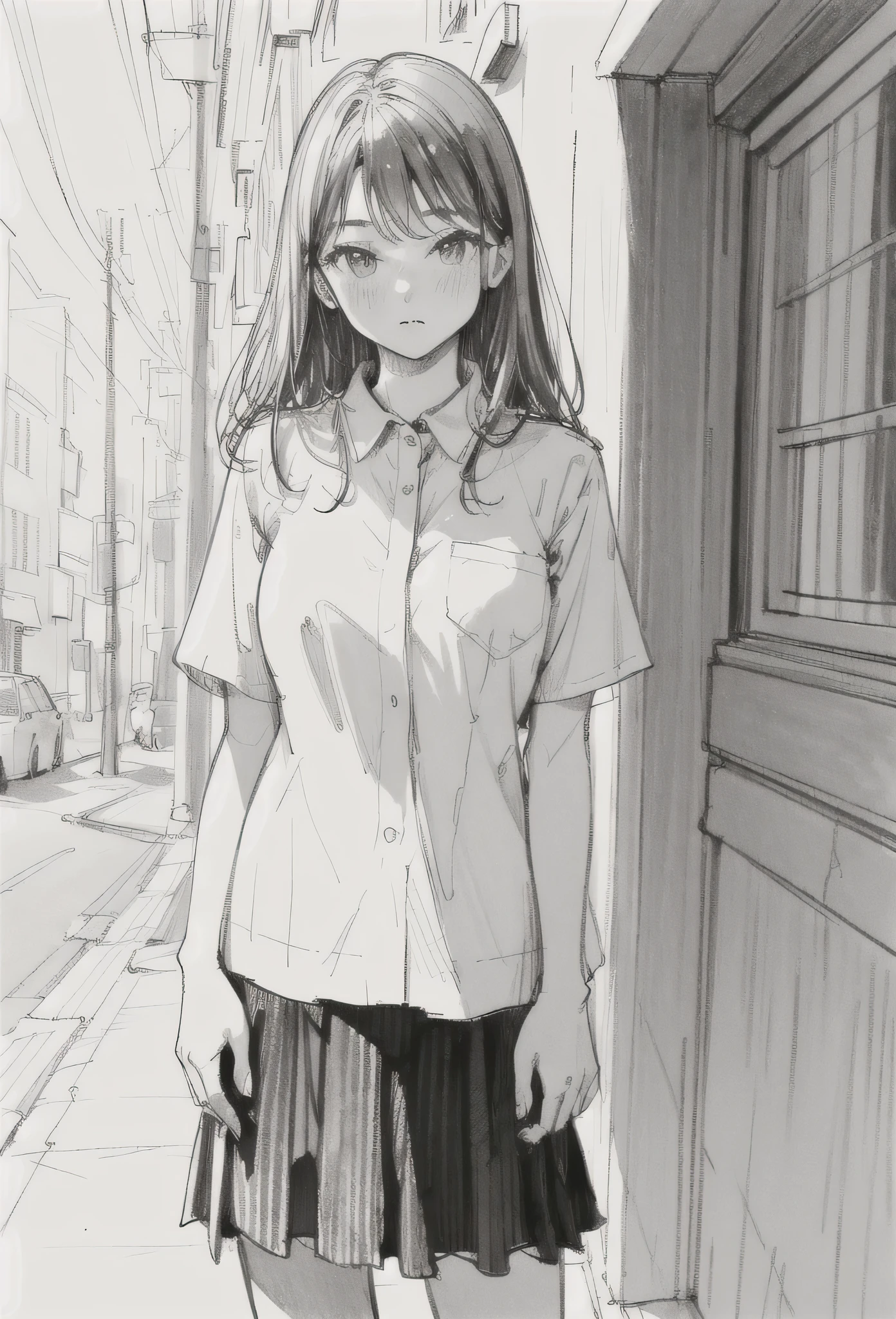 One Girl,Line art,Monochrome,sketch,Pencil drawing,Traditional Media,One Girl,skirt,Short sleeve、Are standing, (Cute Girl, alone),Beautiful portrait、Delicate body、Respect、Sketch Book、uniform、Black Hair,Beautiful Landscape,Sketch,