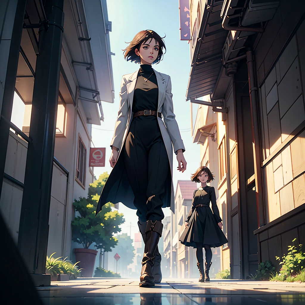 "Generate a premium AI portrait image of a young woman with brown hair and green eyes,. She wears a black dress with gray details, paired with winter trousers and boots, walking on a sunny day in a small city. The scene is high-definition, with superior atmospheric effects including reflections and shadows. Ensure composition and symmetry, with subtle gradients and natural light enhancing the fantasy element. Infuse a magical, ethereal aura reminiscent of anime and manga, specifically inspired by the Makoto Shinkai style. Emphasize cool colors, creating a kawaii and immersive experience."