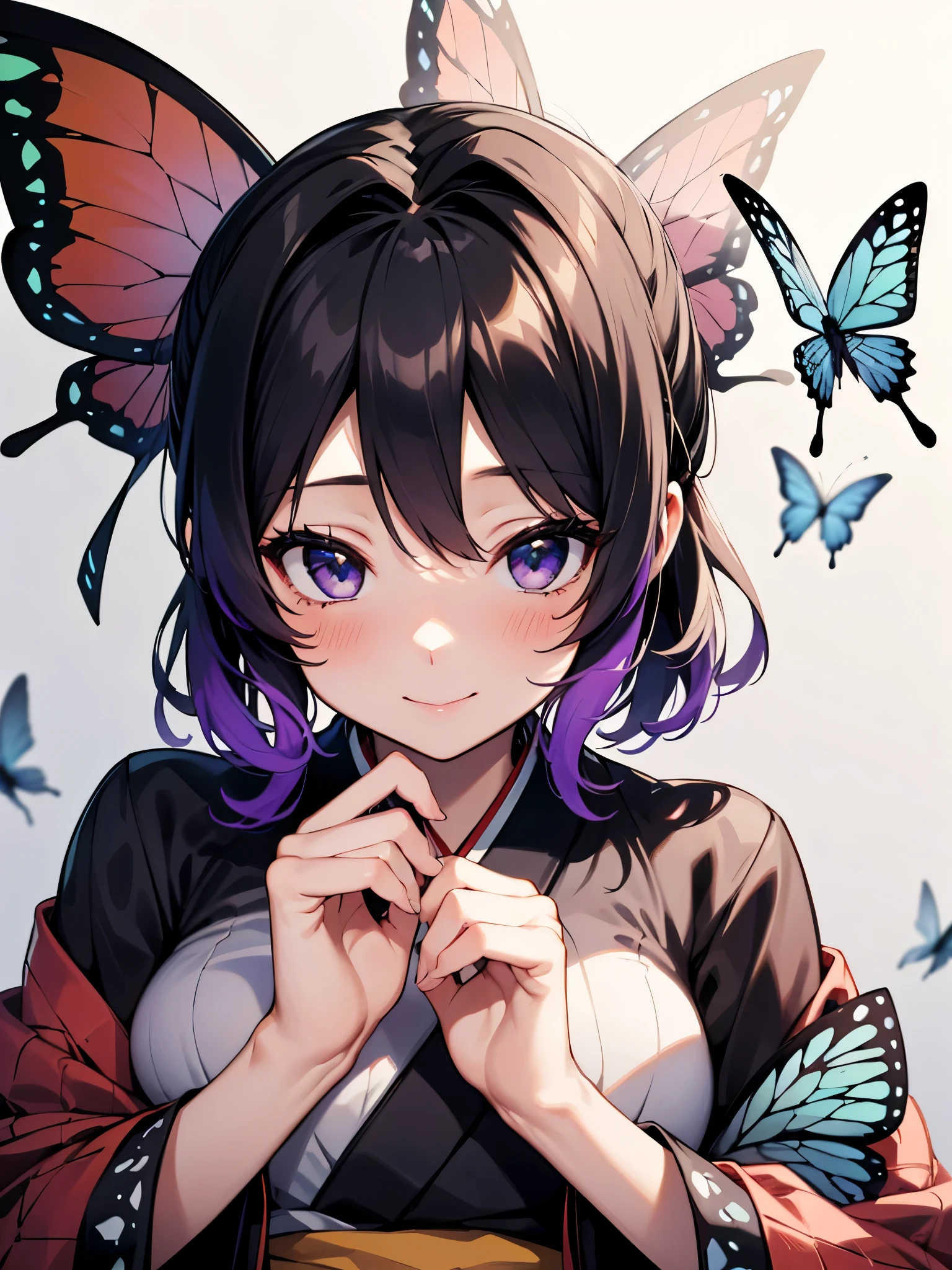 NSFW,1 girl,胡butterflyしのぶ、Animal print、Black Hair、butterfly、butterflyのhair ornaments、butterflyのプリント、amount、Gradient Hair、hair ornaments、Haori、Multi-colored hair、Parted bangs、Purple Hair、short hair、Two-tone hair、Oiran,kimono,(Perfect hands),(Perfect Anatomy),(masterpiece),(highest quality),A seductive smile,blush