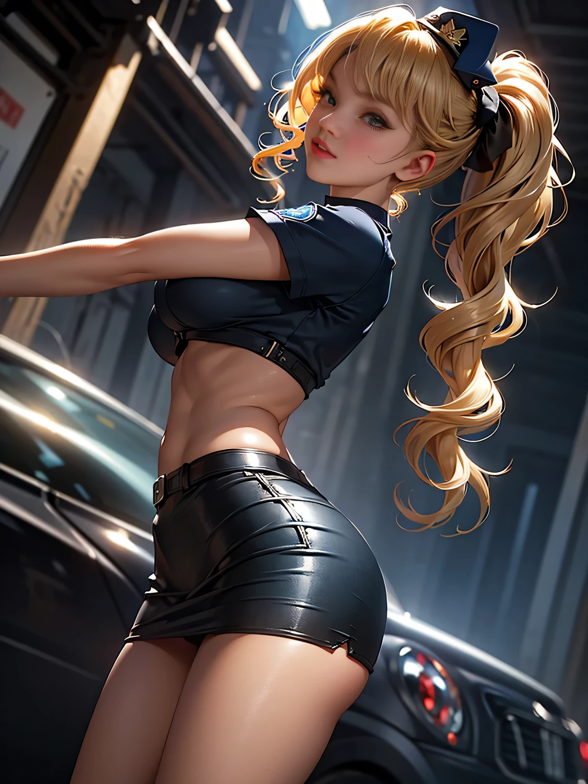 masterpiece, best quality, hyper detailed, good anatomy, perfect anatomy,(cowboy shot,looking at viewer,low angle,:1.35),glamorous body,dark skin girl,naughty eyes,(curly_twin tails blonde hair), female police officer's blue uniform,police_cap,((tight mini skirt,large breasts)),road,shiny skin,smirk,skin tight,black high heels, very aesthetic, 