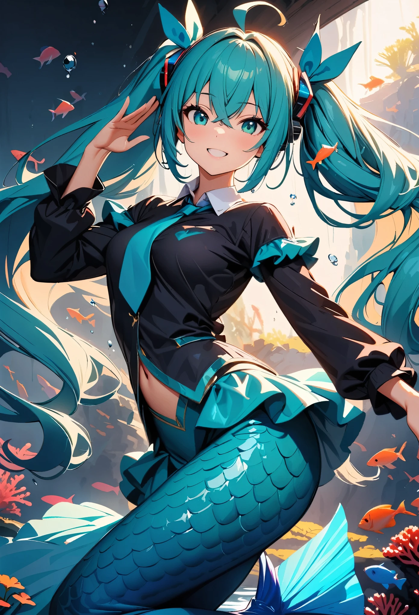 (highest quality:1.2, Very detailed, Latest, Vibrant, Super detailed, High Contrast, masterpiece:1.2, highest quality, Best aesthetics), woman, miku hatsune, Ahoge, Aqua Eye, Aqua Hair, Crossed bangs, Hair between the eyes, hair ornaments, Headphones, Long Hair, Twin tails, aqua tie, Black sleeves, Collared shirt, Mermaid Dress, (Mermaid costume, Fish lower body:1.2, Mermaid fin), Perfect body line, Skin with attention to detail, cute, Detailed face, (Full body view:1.2), Random Pause, Undersea scenery:1.2, In the water, Singing in the sea, Light pouring down from the sea:1.4, Bubbles floating, Fish and coral, Accurate Fingers, Light effects, Dance Motion, sensational, erotic, Soft lighting,