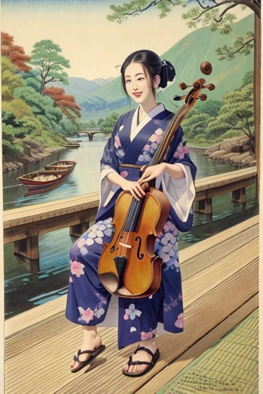 Ukiyo-e、kimono,band、Beauty Painting、Riverside、geta、Japanese hairstyle、violin
