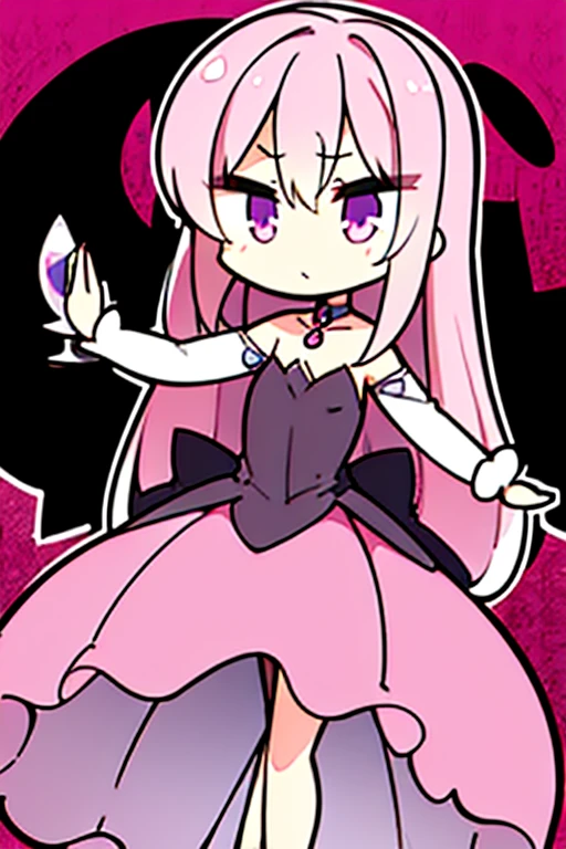 A pink haired woman with violet eyes and an hourglass figure in a Gothic jessica rabbit dress is posing on a stage