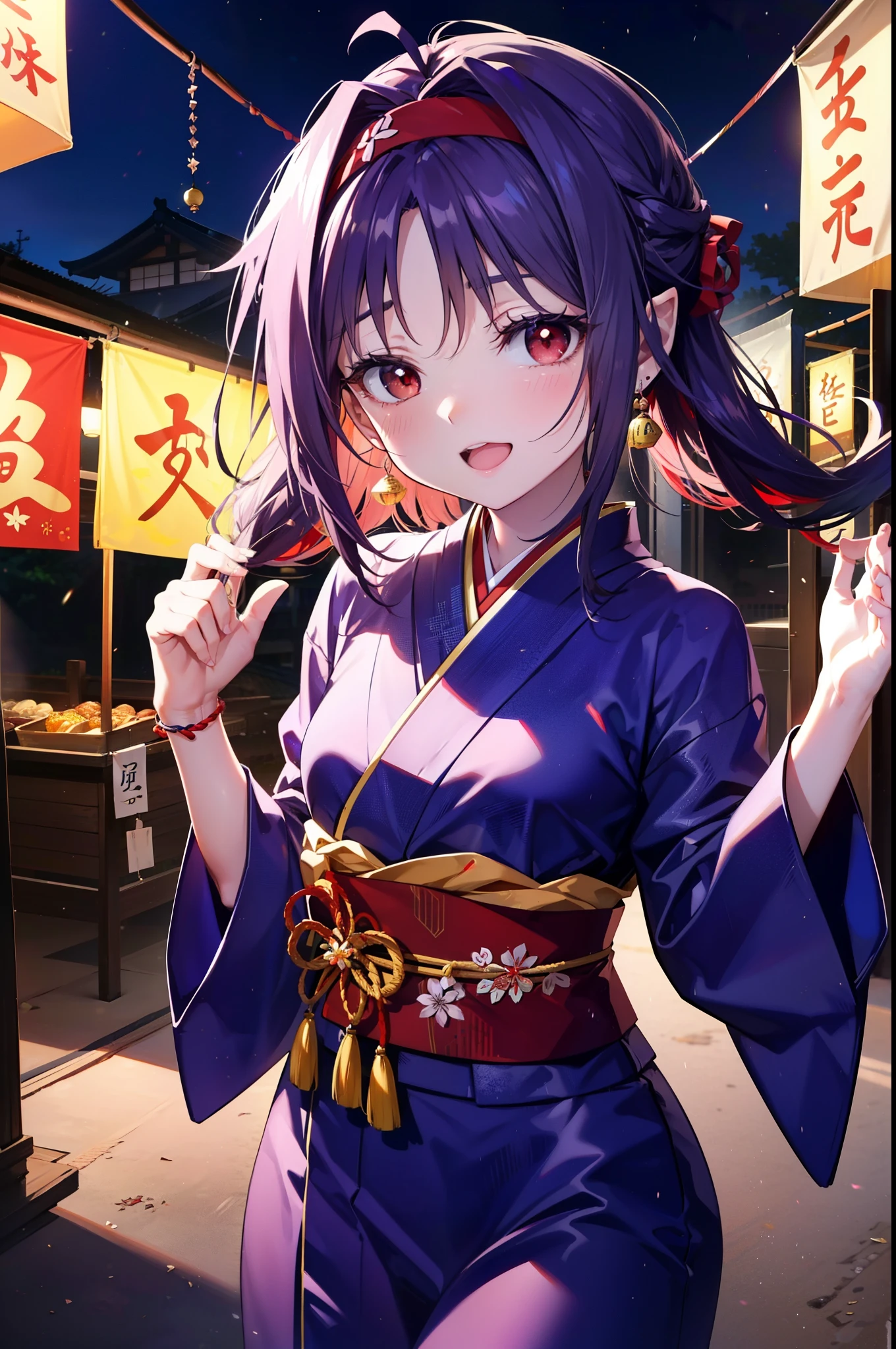 yuukikonno, Konno Yuuki, hair band, Long Hair, Pointed Ears, Purple Hair, (Red eyes:1.5), (Small breasts:1.2), Open your mouth,Open your mouth,Long Hair,happy smile, smile, Open your mouth,Purple Kimono,Long sleeve,Sandals,night空の花火,Fireworks display,Japanese Festivals,Summer festival food stalls,Red Lantern, night,whole bodyがイラストに入るように,Looking down from above,
break outdoors, shrine,                                              break looking at viewer,whole body,Upper Body,(Cowboy Shot:1. 5)
break (masterpiece:1.2), highest quality, High resolution, unity 8k wallpaper, (shape:0.8), (Beautiful and beautiful eyes:1.6), Highly detailed face, Perfect lighting, Highly detailed CG, (Perfect hands, Perfect Anatomy),