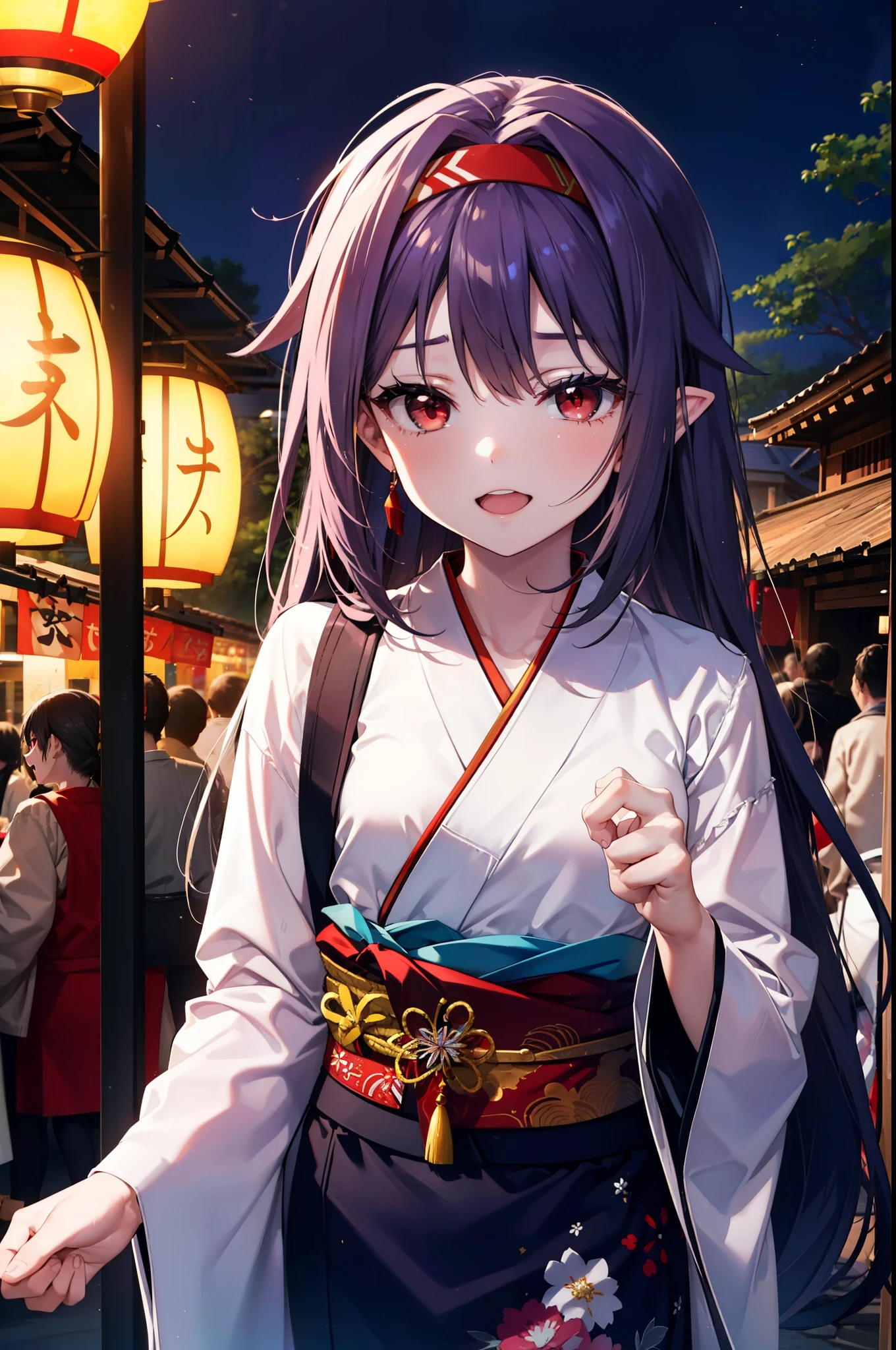 yuukikonno, Konno Yuuki, hair band, Long Hair, Pointed Ears, Purple Hair, (Red eyes:1.5), (Small breasts:1.2), Open your mouth,Open your mouth,Long Hair,happy smile, smile, Open your mouth,Purple Kimono,Long sleeve,Sandals,night空の花火,Fireworks display,Japanese Festivals,Summer festival food stalls,Red Lantern, night,whole bodyがイラストに入るように,Looking down from above,
break outdoors, shrine,                                              break looking at viewer,whole body,Upper Body,(Cowboy Shot:1. 5)
break (masterpiece:1.2), highest quality, High resolution, unity 8k wallpaper, (shape:0.8), (Beautiful and beautiful eyes:1.6), Highly detailed face, Perfect lighting, Highly detailed CG, (Perfect hands, Perfect Anatomy),