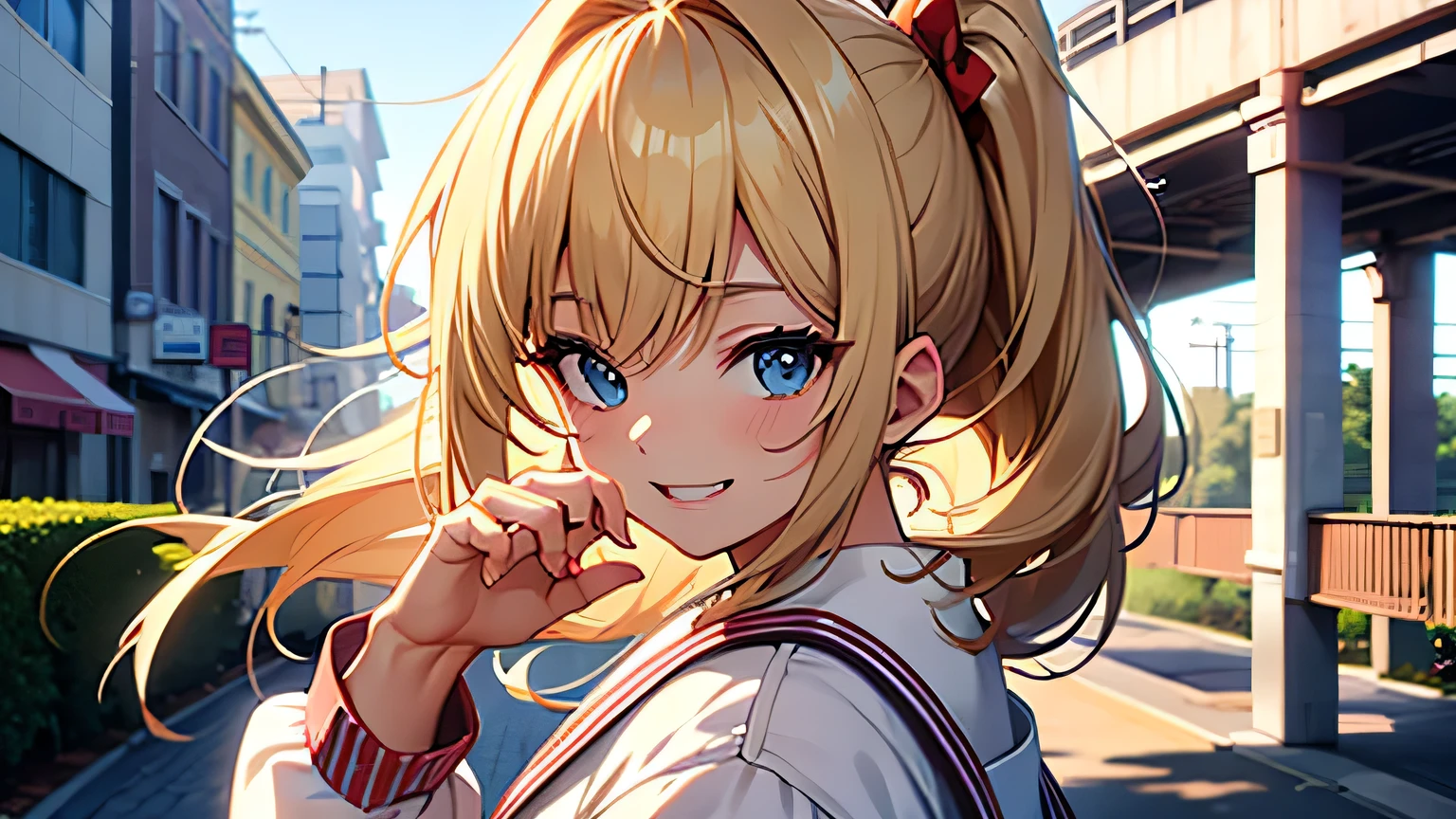 ((highest quality)), ((masterpiece)), (detailed), Perfect Face、On the way home、Shy laugh、blonde、Smooth Hair、ponytail、Sailor suit、Angle from the side、