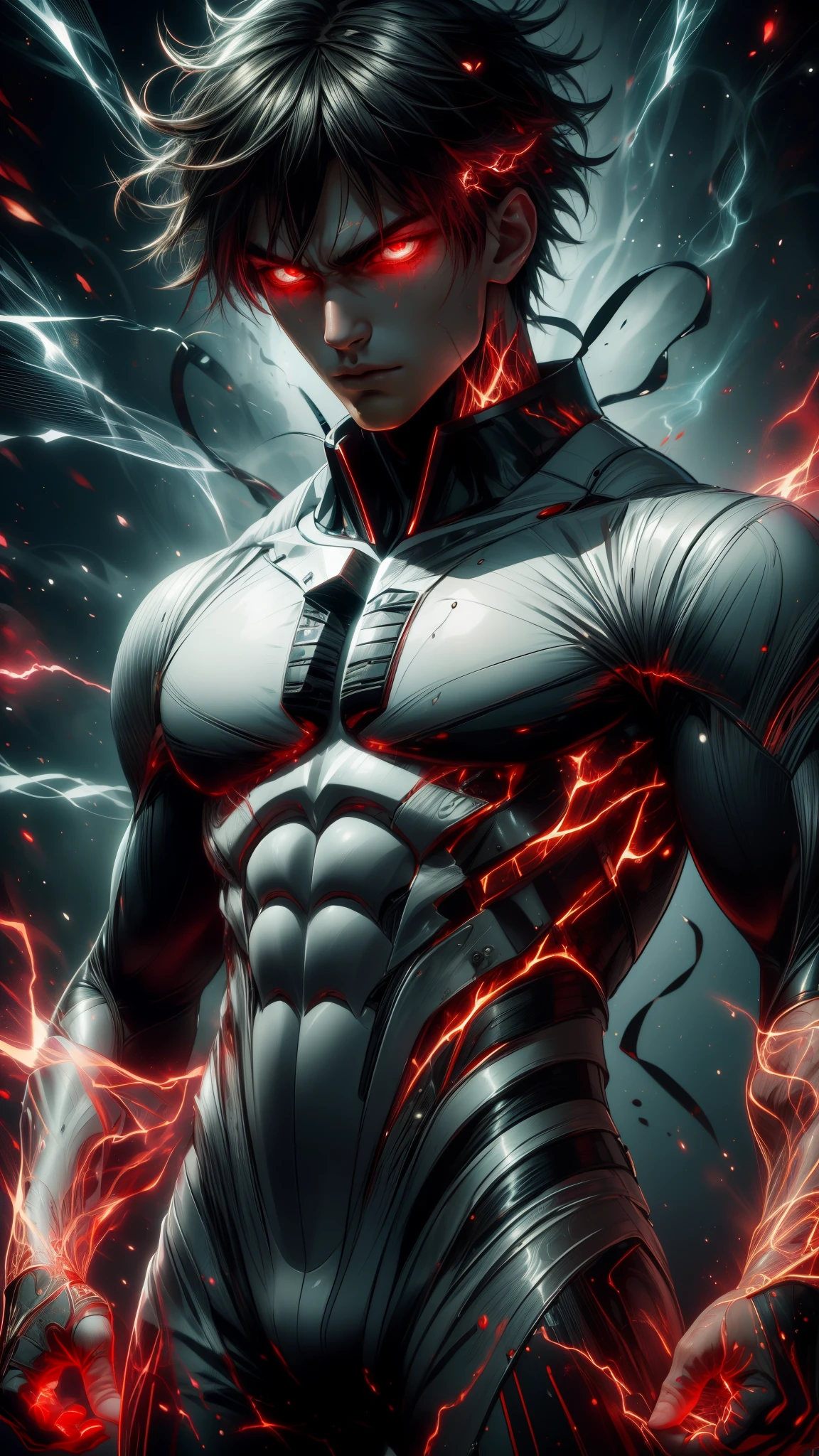 "Enjoy a visual feast as you witness the astonishing transformation of handsome 20-year-old Saitama, a being of unparalleled strength and captivating aura. With brilliant short-cut black hair and red eyes penetrating, this energetic person will surprise you."