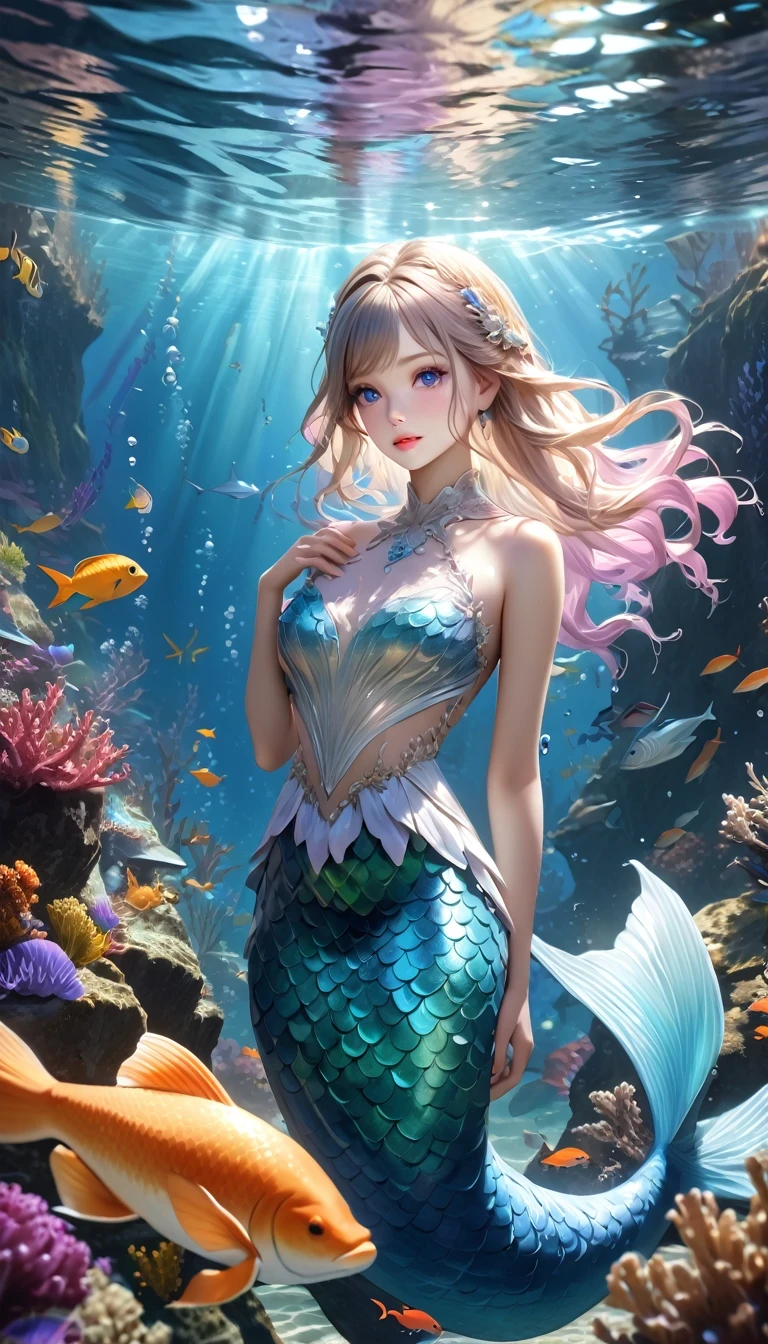 (best quality,4k,8k,highres,masterpiece:1.2),ultra-detailed,(realistic,photorealistic,photo-realistic:1.37),（whole body：1.3）mermaid princess, detailed face, beautiful eyes, long eyelashes, delicate lips, elegant hairstyle, shimmering scales, flowing underwater hair, sea creature background, fantasy underwater scene, vibrant colors, dramatic lighting, soft focus, ethereal atmosphere