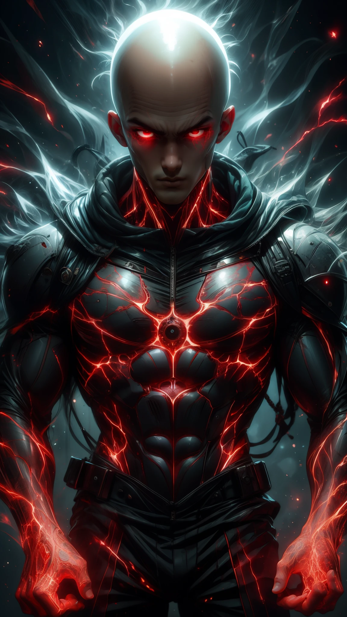 "Enjoy a visual feast as you witness the astonishing transformation of handsome 20-year-old Saitama, a being of unparalleled strength and captivating aura. With brilliant short-cut black hair and red eyes penetrating, this energetic person will surprise you."