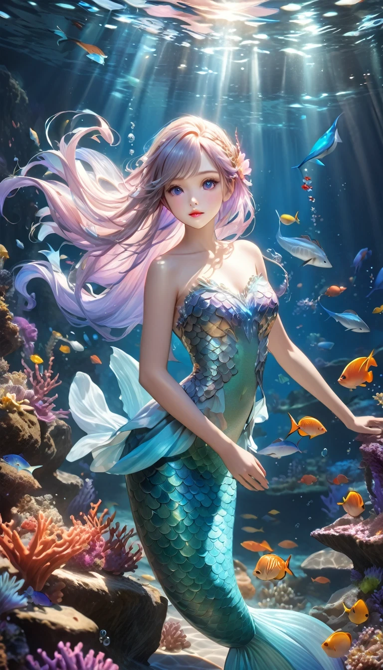 (best quality,4k,8k,highres,masterpiece:1.2),ultra-detailed,(realistic,photorealistic,photo-realistic:1.37),（whole body：1.3）mermaid princess, detailed face, beautiful eyes, long eyelashes, delicate lips, elegant hairstyle, shimmering scales, flowing underwater hair, sea creature background, fantasy underwater scene, vibrant colors, dramatic lighting, soft focus, ethereal atmosphere