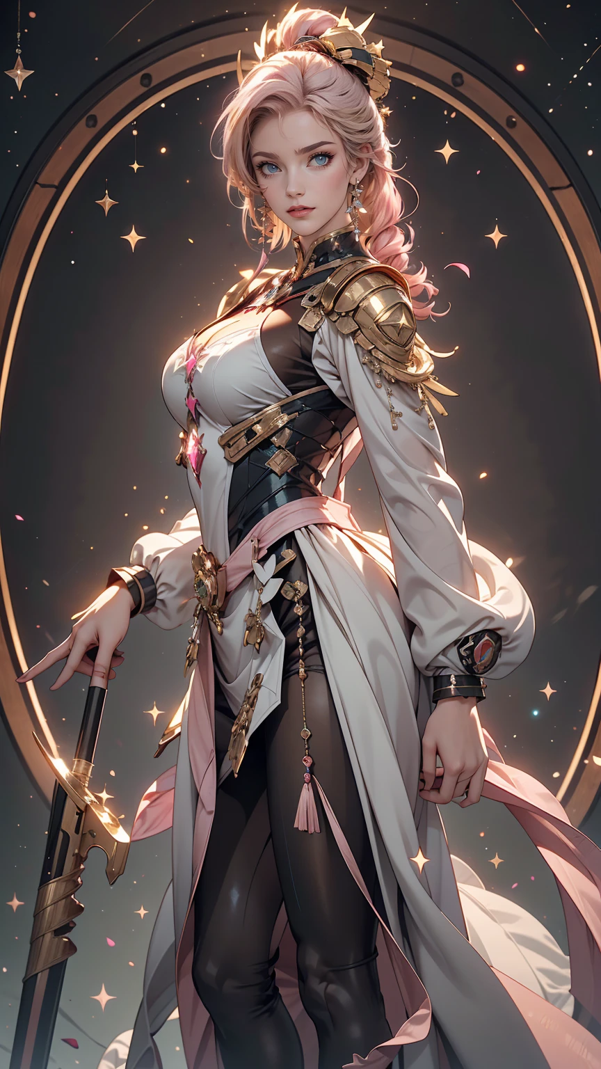 ((masterpiece))) whole body, whole body Shot (One Girl) ((Pink Hair, Long Hair, Straight hair, Both sides up))), ((Green Eyes))), eye shadow, eyeliner, Glow Eye, Hyper Detail Eye, Complex eyes, Beautiful Eyes, Fine grain, (((Star-shaped pupils, Shining pink eyes))) 18-year-old girl. (Wearing a transparent PVC jacket)) huge cool weapon mechanical in hand, huge cool weapon mechanical, Mecha, Mechaanism, mechanical, Open Stance, Coalesce