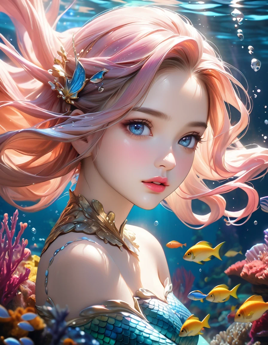 (best quality,4k,8k,highres,masterpiece:1.2),ultra-detailed,(realistic,photorealistic,photo-realistic:1.37),mermaid princess, detailed face, beautiful eyes, long eyelashes, delicate lips, elegant hairstyle, shimmering scales, flowing underwater hair, sea creature background, fantasy underwater scene, vibrant colors, dramatic lighting, soft focus, ethereal atmosphere