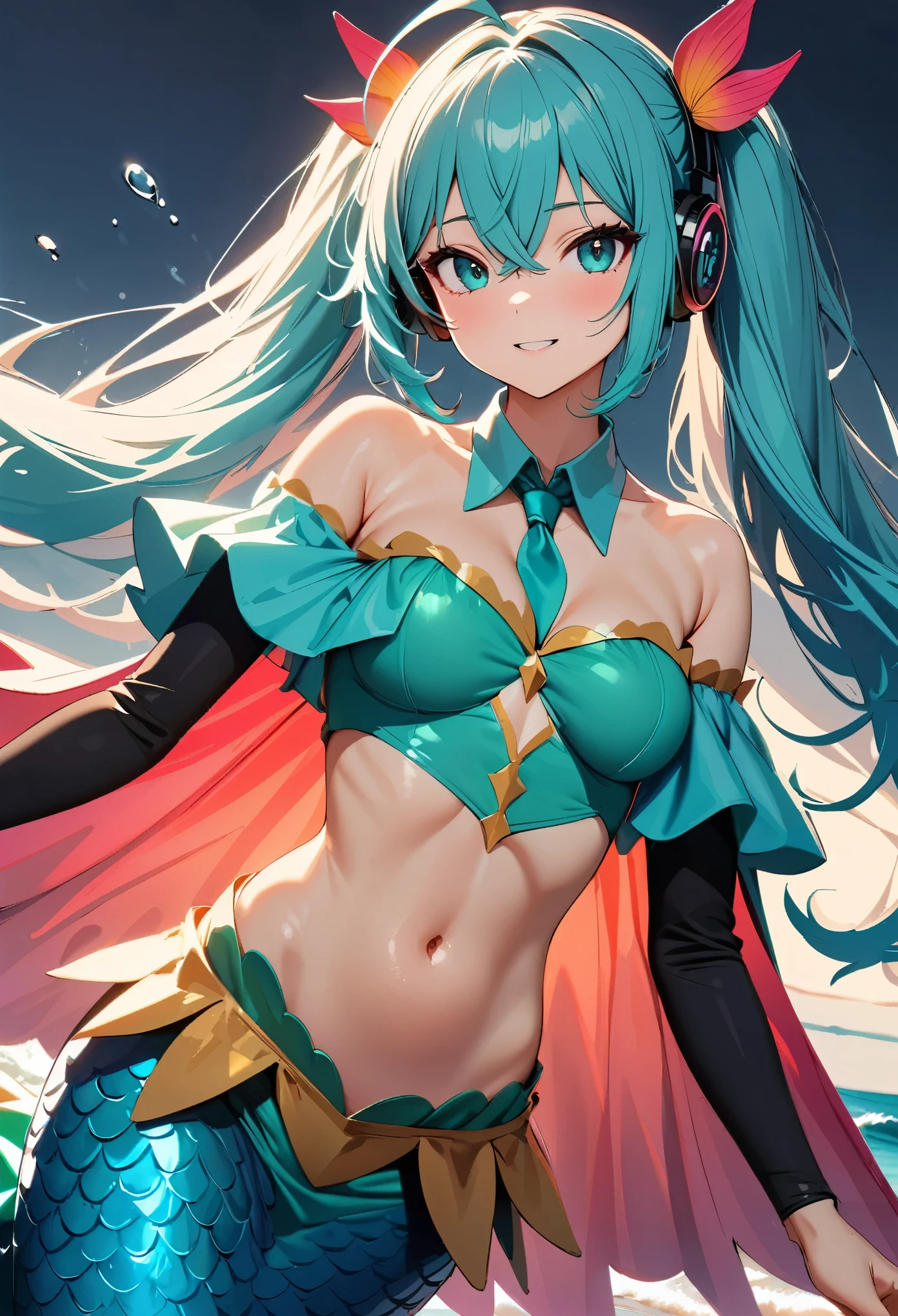 (highest quality:1.2, Very detailed, Latest, Vibrant, Super detailed, High Contrast, masterpiece:1.2, highest quality, Best aesthetics), woman, miku hatsune, Ahoge, Aqua Eye, Aqua Hair, Crossed bangs, Hair between the eyes, hair ornaments, Headphones, Long Hair, Twin tails, aqua tie, Black sleeves, collared shirt, grey shirt, tie, shirt, ((Mermaid costume, Fish lower body:1.2)), Perfect body line, Skin with attention to detail, cute, Detailed face, (Cowboy Shot:1.2), Random Pause, seabed, Singing in the sea, Light pouring down from the sea:1.4, Accurate Fingers, Light effects, Dance Motion, sensational, erotic, Soft lighting,