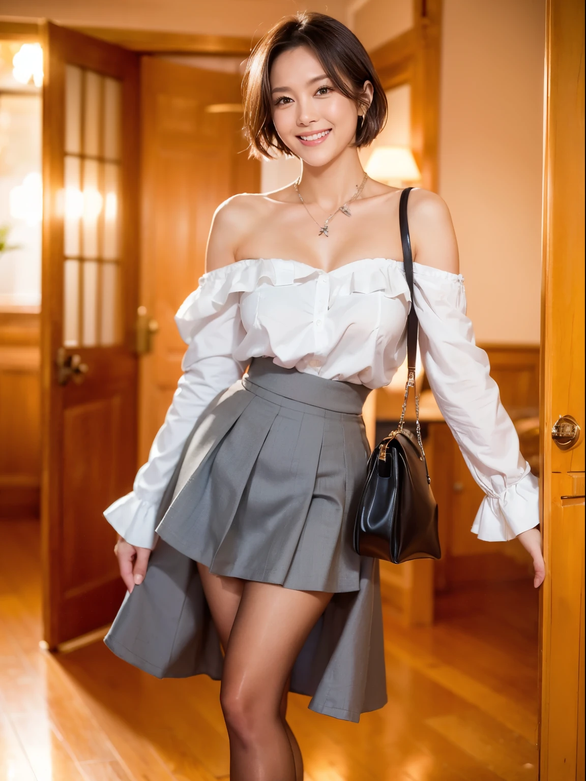 (RAW Photos:1.2), (Realistic:1.4),Beautiful detailed woman,非常にFine Eyesと顔, Fine Eyes, Very detailed,High resolution, Very detailed,highest quality,Awareness-raising,Unified,8k wallpaper,masterpiece,highest quality,1 female,alone,rich,Esbian all over,(A little chubby:0.7),Thick legs,alone,（Grey ruffled blouse:1.4),(flare skirt:1.6)、（pantyhose：1.4）、（High heels：1.5）、(Shoulder bag:1.4）,jewelry, necklace ,short hair,A kind smile,A dignified atmosphere,black eye,Realistic,(morningのニューヨークウォール街:1.5）、（Are standing:1.5)、 (morning:1.1),(Stand upright：1.4）,(go to work:1.2)