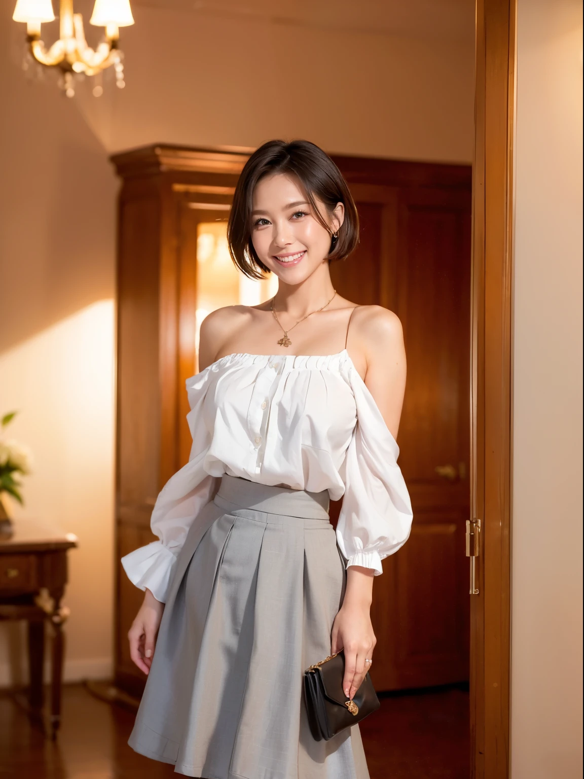(RAW Photos:1.2), (Realistic:1.4),Beautiful detailed woman,非常にFine Eyesと顔, Fine Eyes, Very detailed,High resolution, Very detailed,highest quality,Awareness-raising,Unified,8k wallpaper,masterpiece,highest quality,1 female,alone,rich,Esbian all over,(A little chubby:0.7),Thick legs,alone,(Grey ruffled blouse:1.4),(flare skirt:1.6)、(pantyhose:1.4)、(High heels:1.5)、(Shoulder bag:1.4),jewelry, necklace ,short hair,A kind smile,A dignified atmosphere,black eye,Realistic,(morningのニューヨークウォール街:1.5)、(Are standing:1.5)、 (morning:1.1),(Stand upright:1.4),(go to work:1.2)