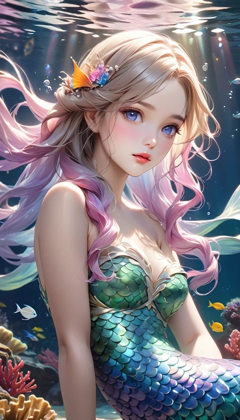 (best quality,4k,8k,highres,masterpiece:1.2),ultra-detailed,(realistic,photorealistic,photo-realistic:1.37),(whole body:1.3)mermaid princess, detailed face, beautiful eyes, long eyelashes, delicate lips, elegant hairstyle, shimmering scales, flowing underwater hair, sea creature background, fantasy underwater scene, vibrant colors, dramatic lighting, soft focus, ethereal atmosphere