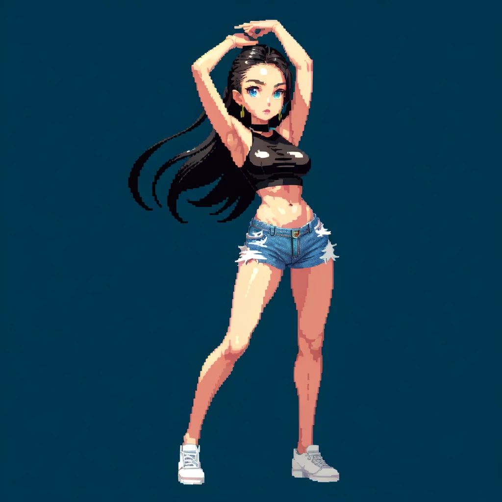 (masterpiece, top quality, best quality), pixel,pixel art,girl,crop top,armpit,jeans,fullbody