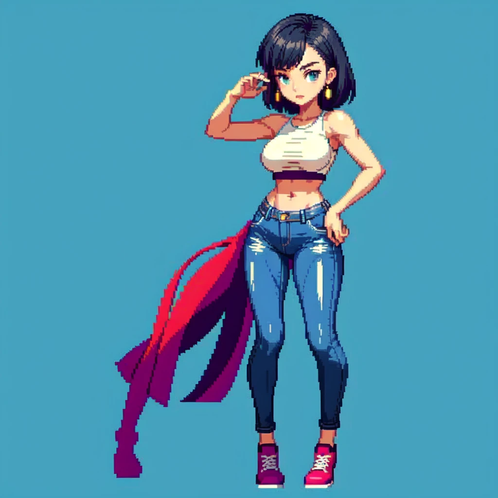 (masterpiece, top quality, best quality), pixel,pixel art,girl,crop top,armpit,jeans,fullbody