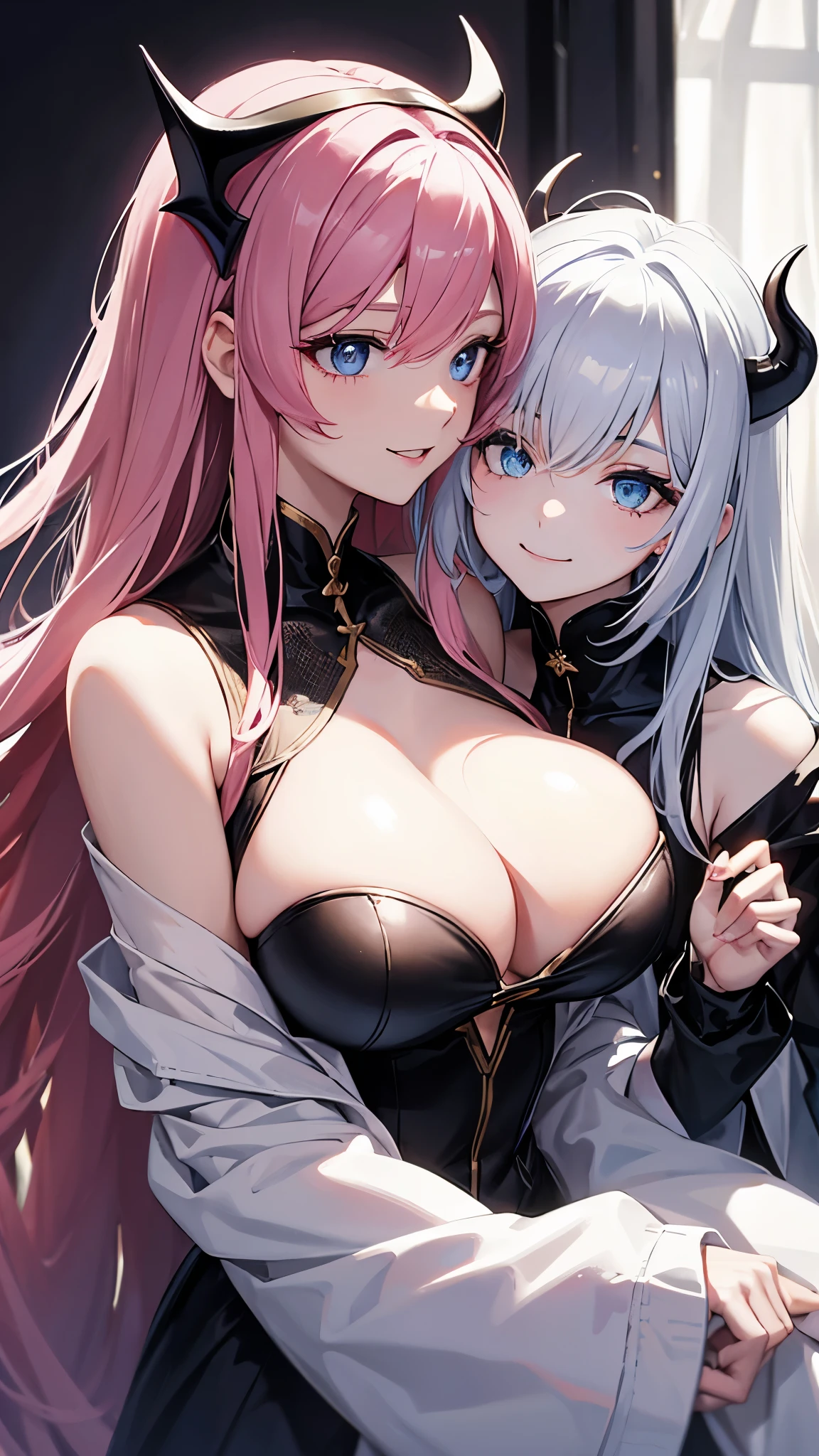 Very detailed. Cover magazine. Yuri couple. GL. One is a human girl (long white hair, blue eyes, no horn). One is a mature (vampire woman, demon horns, red eyes, long pink hair, wavy hair, Big breasts, older). Both of them love each other. The one with pink hair is older. Zoom in. Half body. Upper body. Smile