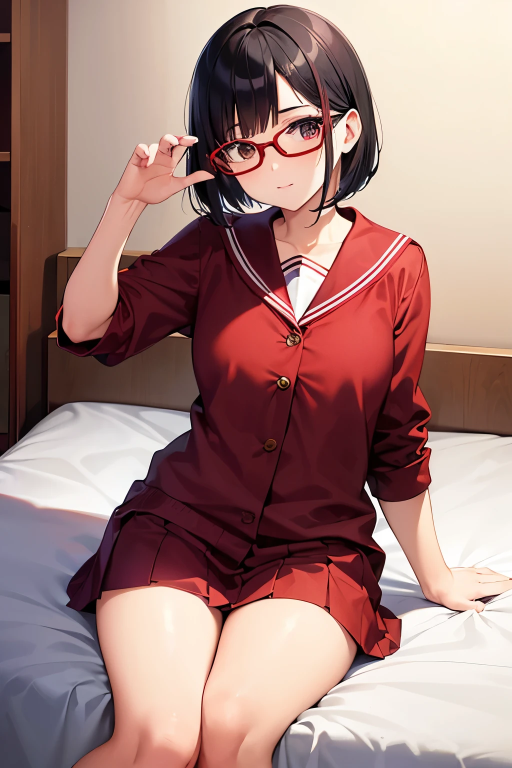 high school girl、Black hair, short bob, brown glasses, red sailor suit, pose lying on bed