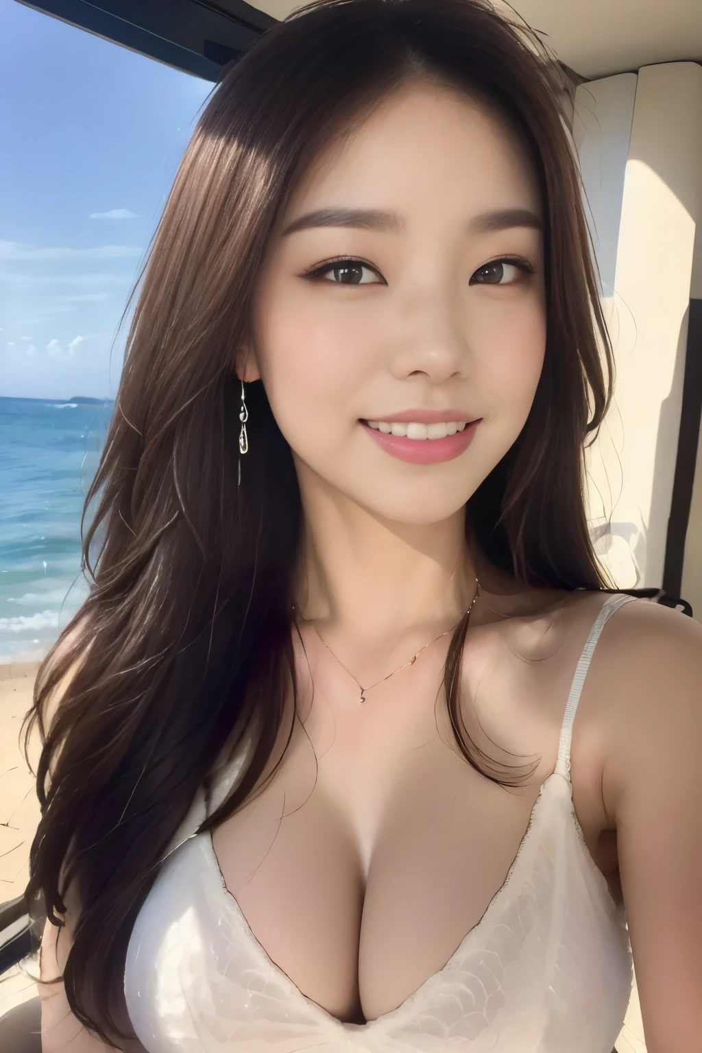 ((highest quality, 8k, masterpiece :1.3)), One Girl, ,((A very loving smile:1.2)),Pink blush:1.2,blush:1.2, Red lipstick:1.2,Dark lipstick:1.2,Slim face, Beautiful woman, Big Breasts:1.3, 非常にDetailed face, double eyelid, Ocean,Balcony, summer, Hotel,skyscraper,Looking into the camera,(Tank top),mini skirt,(masterpiece: 1.3), (Maximum resolution: 1.4), (Ultra-high resolution: 1.2), Cinematic Light, Ultra-high resolution, (Detailed eyes and skin), (Features of Detailed face), 8K resolution, Perfect Style, Beautiful expression、非常にDetailed face and skin texture、Detailed face,Thin cheeks,((Pure white skin:1.1)),Glossy lips:1.2,((Full Body Shot:1.2)),(Straight Hairstyles、Light brown hair),,175cm,