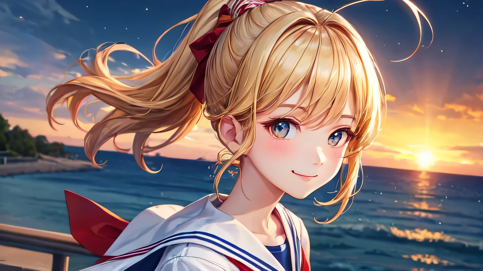 ((highest quality)), ((masterpiece)), (detailed), Perfect Face、evening、On the way home、A shy smile、blonde、Smooth Hair、ponytail、Sailor suit、Cowboy Shot、8K、