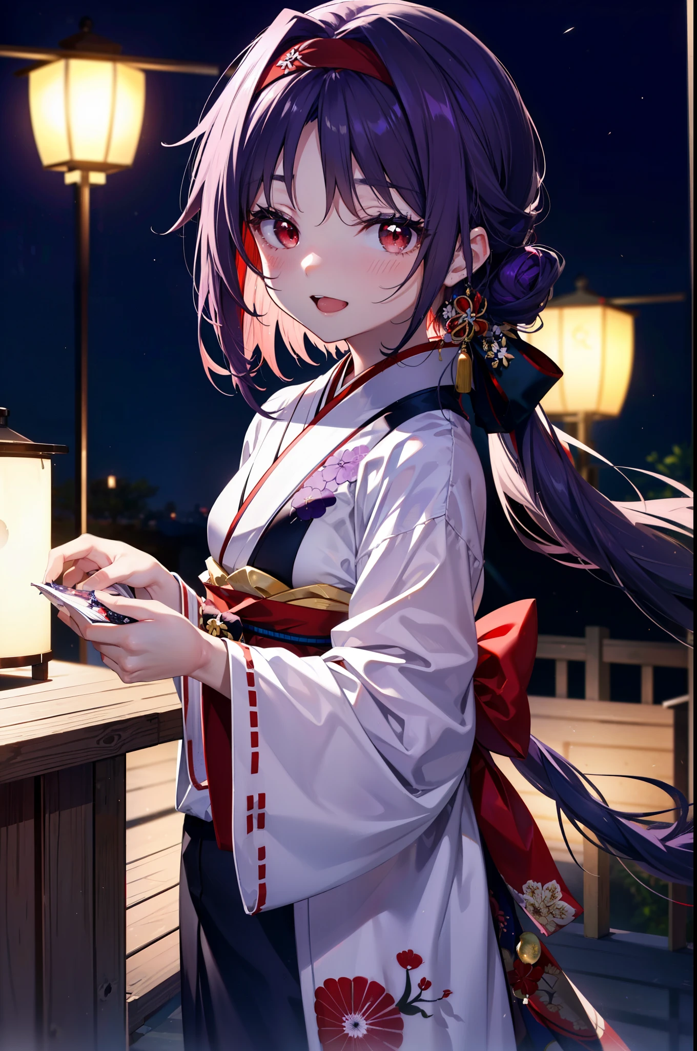 yuukikonno, Konno Yuuki, hair band, Long Hair, Pointed Ears, Purple Hair, (Red eyes:1.5), (Small breasts:1.2), Open your mouth,Open your mouth,Long Hair,happy smile, smile, Open your mouth,Purple Kimono,Long sleeve,Sandals,night空の花火,Fireworks display,Japanese Festivals,Summer festival food stalls,Red Lantern, night,whole bodyがイラストに入るように,Looking down from above,
break outdoors, shrine,                                              break looking at viewer,whole body,Upper Body,(Cowboy Shot:1. 5)
break (masterpiece:1.2), highest quality, High resolution, unity 8k wallpaper, (shape:0.8), (Beautiful and beautiful eyes:1.6), Highly detailed face, Perfect lighting, Highly detailed CG, (Perfect hands, Perfect Anatomy),