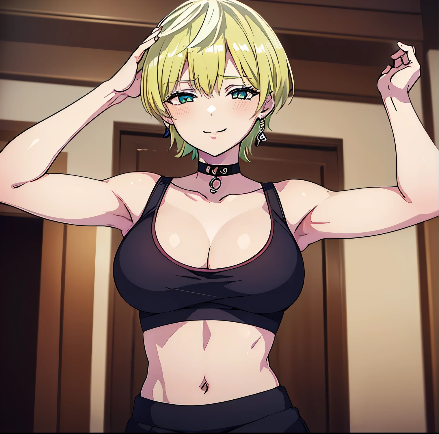 1 girl, alone, Tenka Izumo, short hair, aqua eyes, blonde hair, smile, jewelry, choker, blush, sweat, arms up, armpits, sports bra, black cleavage bra, yoga pants, tight black pants, bare waist, ,standing, room,bedroom, looking at viewer,from behind ,pov(from below),cowboy photo, (masterpiece: 1.2),sexy body, best quality, high resolution, (illustration: 0.8), (beautiful detailed eyes: 1.6), detailed, breasts large, medium waist, wide hips, round butt, perfect lighting, extremely detailed, (perfect hands, perfect anatomy),