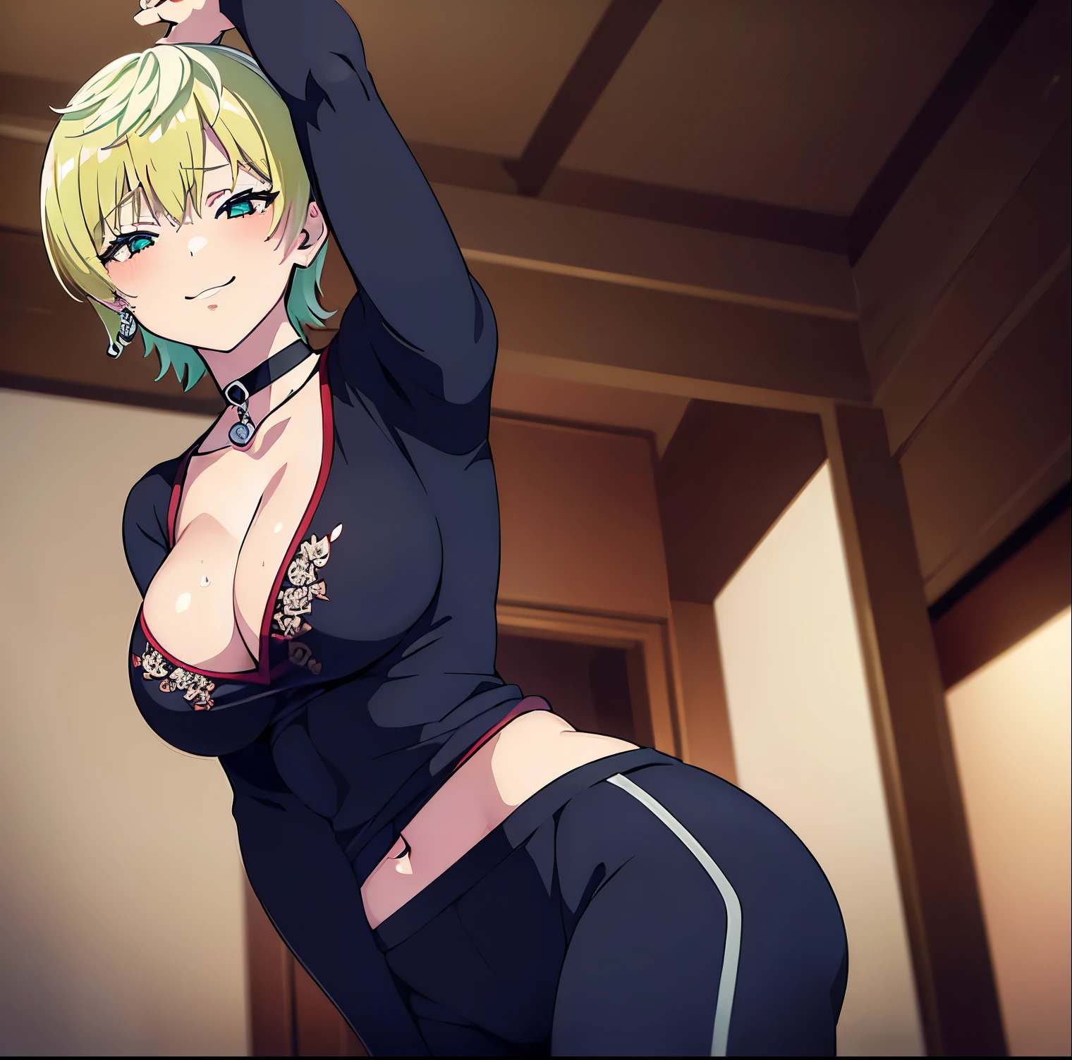 1 girl, alone, Tenka Izumo, short hair, aqua eyes, blonde hair, smile, jewelry, choker, blush, sweat, arms up, armpits, sports bra, black cleavage bra, yoga pants, tight black pants, bare waist, ,standing, room,bedroom, looking at viewer,from behind ,pov(from below),cowboy photo, (masterpiece: 1.2),sexy body, best quality, high resolution, (illustration: 0.8), (beautiful detailed eyes: 1.6), detailed, breasts large, medium waist, wide hips, round butt, perfect lighting, extremely detailed, (perfect hands, perfect anatomy),