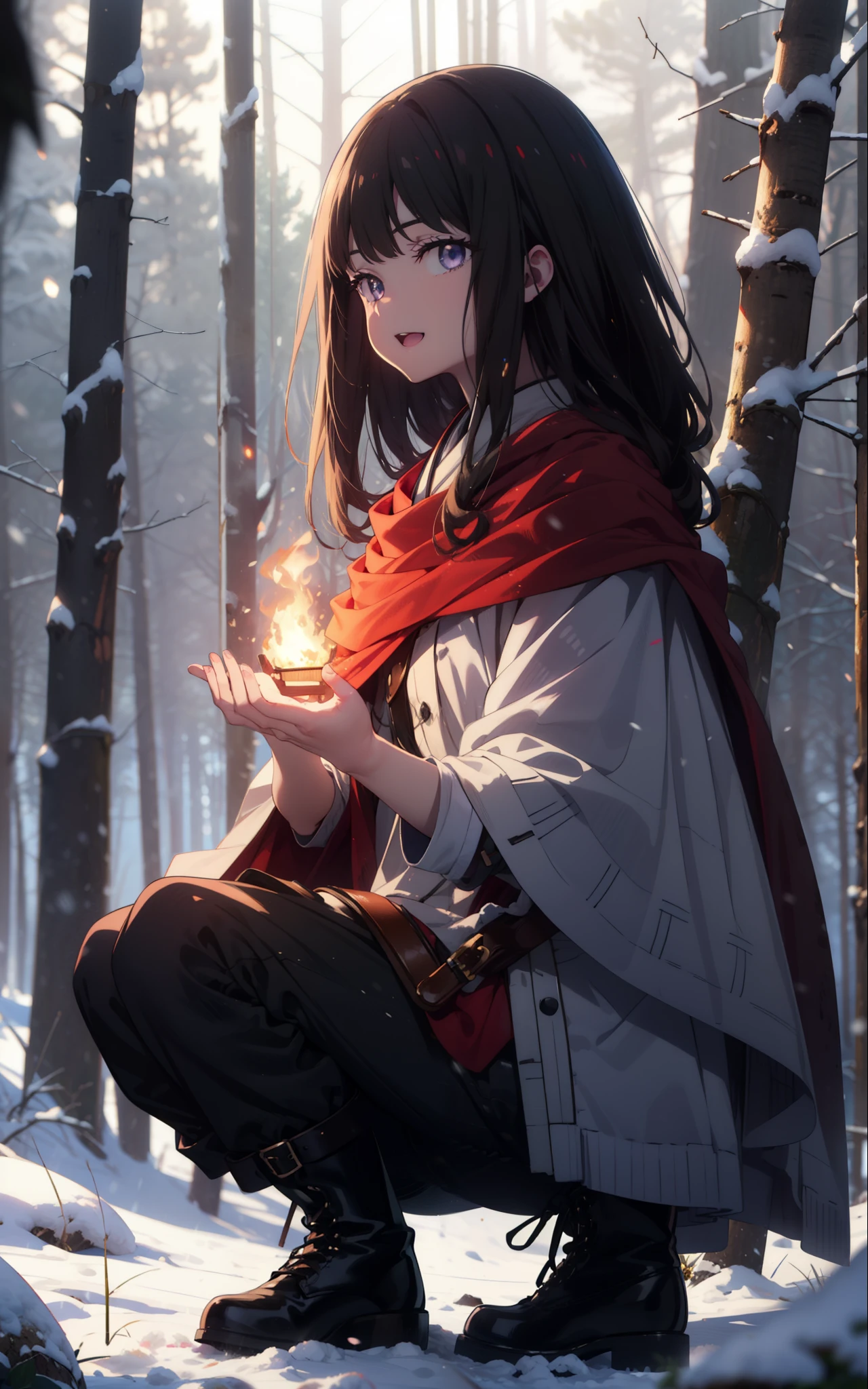 Takiuchi, Inoue Check, Long Hair, bangs, Black Hair, (Purple eyes:1.2),smile,
Open your mouth,snow, fire, Outdoor, boots, snowing, From the side, wood, suitcase, Cape, Blurred, forest,  nature, Squat,  Cape, winter, Written boundary depth, Black shoes, red Cape break looking at viewer, Upper Body, whole body, break Outdoor, forest, nature, break (masterpiece:1.2), highest quality, High resolution, unity 8k wallpaper, (shape:0.8), (Beautiful and beautiful eyes:1.6), Highly detailed face, Perfect lighting, Highly detailed CG, (Perfect hands, Perfect Anatomy),
