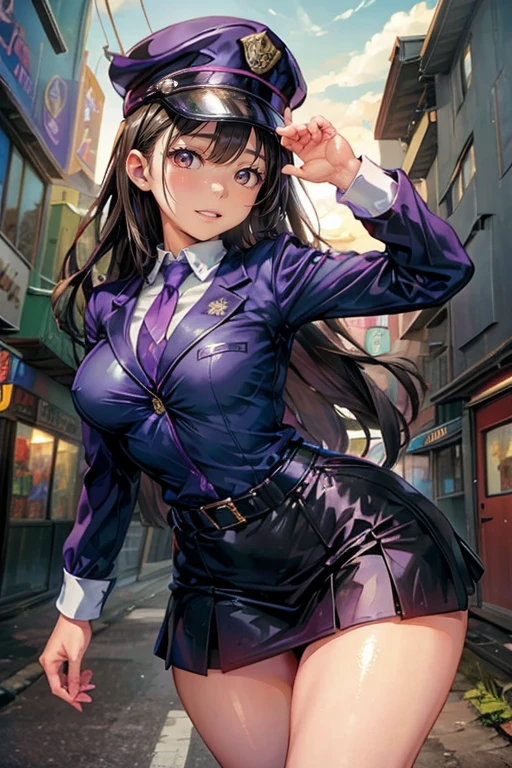 1girl,solo,cute,Police Girl,good style,purple police uniform(tight mini skirt),formal jacket,long black hair,police hat,in city