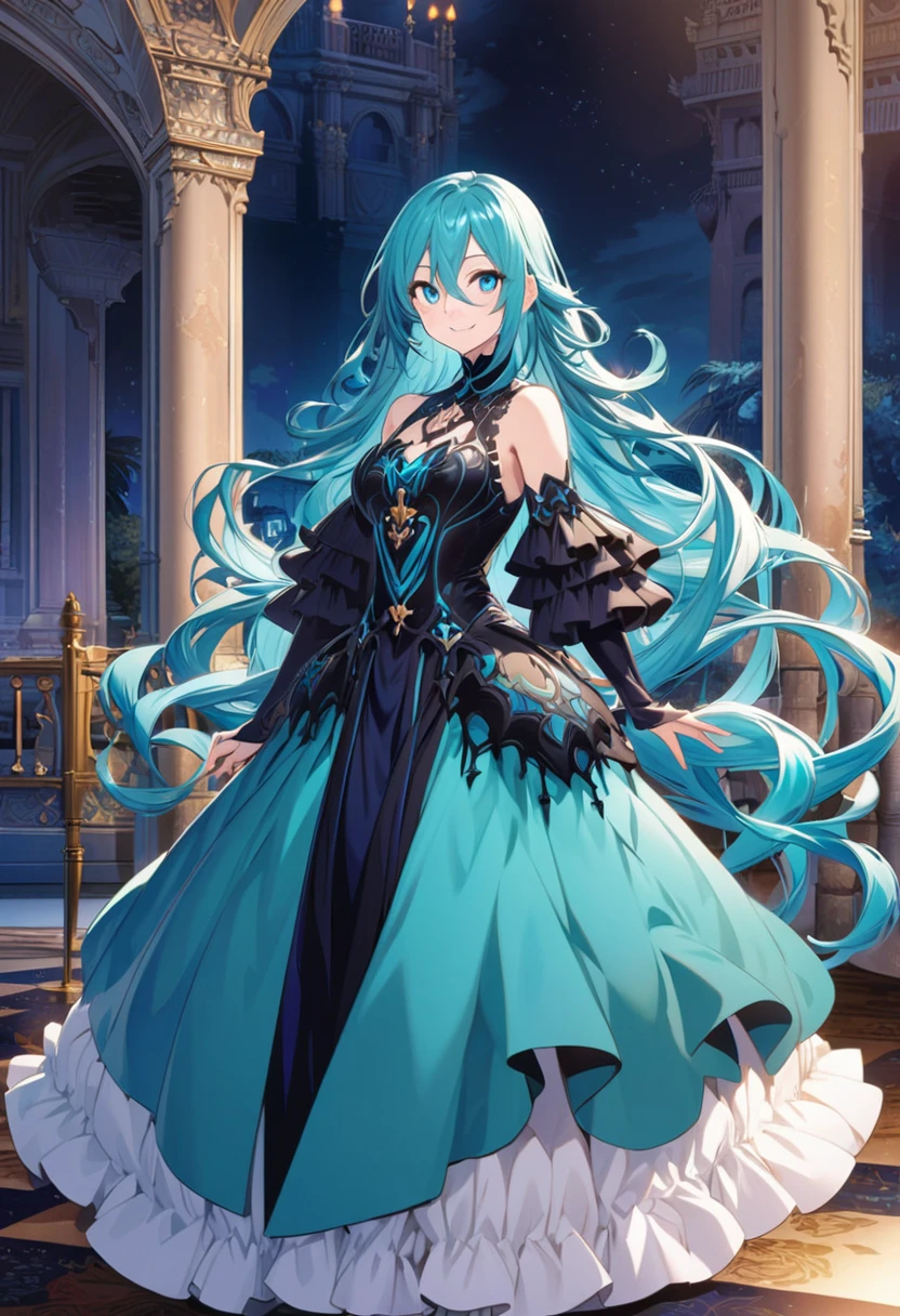Yuuki Asuna \(Katekyo Hitman Reborn\), (long turquoise blue hair), (turquoise blue eyes):1.2, dark princess costume, bangs, smiling gently, navy colored rapier, ((ultra-detailed)), ((illustration)), ((flowing hair)), (beautiful detailed eyes), female, 1girl, standing, ((palace bedroom, night)), looking at viewer
