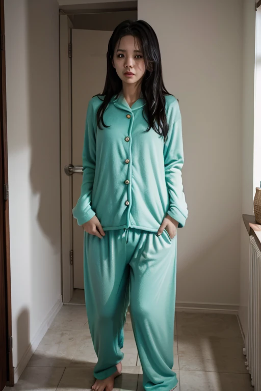 Malay Girl sees the ghost and pees her aqua pajama until his pants are wet pants in fright.