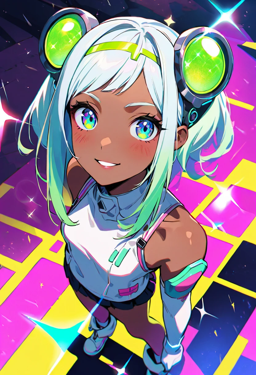 (masterpiece, best quality:1.1), (ultra highres, ultra-detailed:1.2) ,1 girl,tween,cute, white frog headgear,tanned dark skin,big headgear,lightgreen hair,side bangs,white sleeveless nurse one piece,white frog gloves,mini skirt,white platform boots,small breast,has a large syringe,in cyberpunk metropolis,(fullbody),smile,detailed face, depth of field,Portrait,beautiful lighting, volumetric lighting, dynamic angle,(Glitter:1.5) ,(sparkle:1.5) ,popart style,