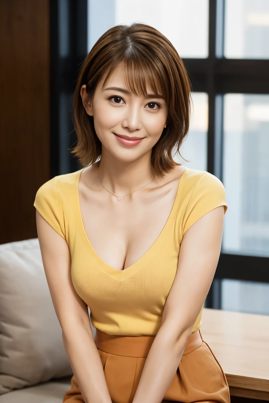 Realistic, Tabletop, highest quality, RAW Photos, Face Focus, elegant, (One Woman), 28 years old, (A light yellow V-neck knit with a loose fit around the neck), (Orange tight skirt), (Brown Hair), (bangs), (Straight hair), (short hair), (Looking up at the camera), Beautiful Face, (A fearless smile), (Shapely bust),Cleavage, Perfect Anatomy, Perfect balance, Detailed human body