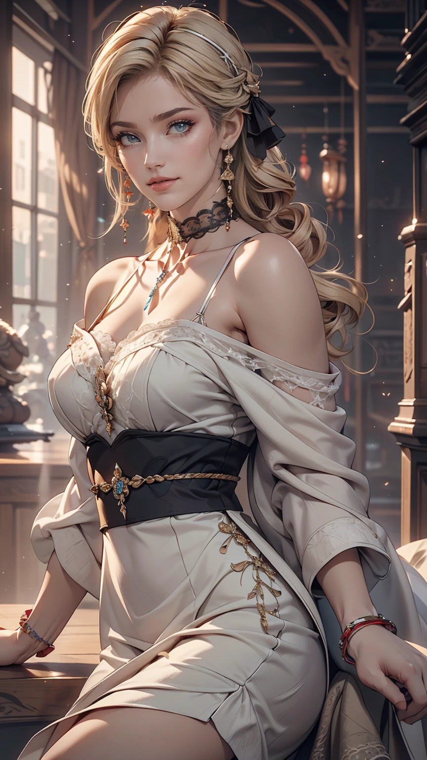 24-year-old female、Wear a sheer romper decorated with lace、Wear leggings、Navel visible、Breasts are visible through the skin、long hair、Hair becomes wavy、Silver Hair、Place your hands on your hips、sexy pose