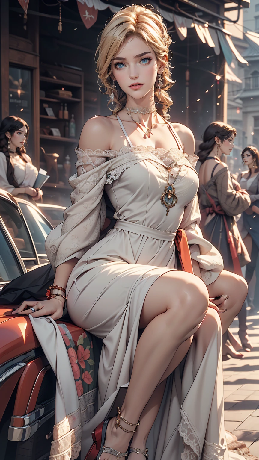 (8K, RAW Photos, highest quality, masterpiece:1.2), (Realistic, photo-Realistic:1.37)、Fashion model body type、Having her hair done、My chest is popping out、Wear accessories on your wrist、Wearing accessories on the ankle、Background blur((depth of field)、smile、White woman、Platinum Blonde、blue eyes、Vertical roll on one side((side drill))、Wear a lace-embellished one-shoulder dress、Wear mules、smile、hair band((hair ribbon))、Wear a lace choker、