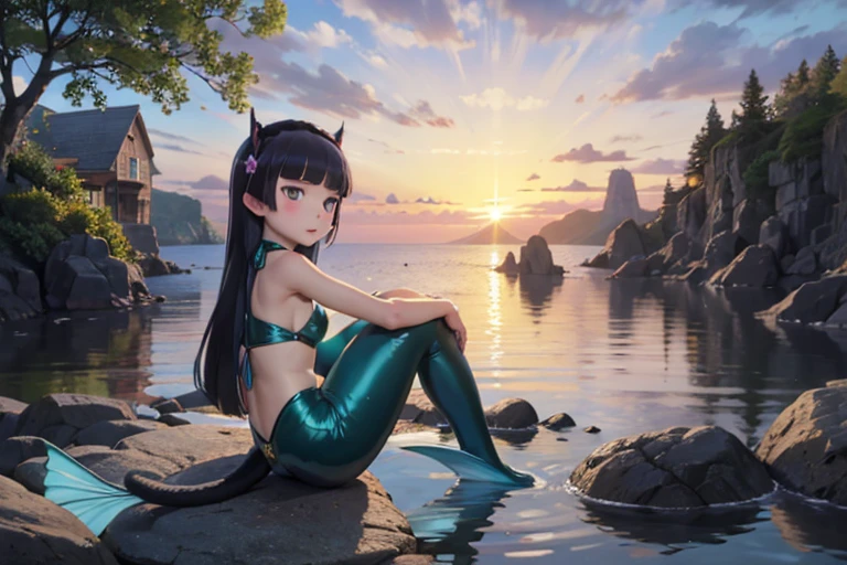((ruri gokou)), blush, black hair, mole, mole under eye, (shell), ((scale)), ((Tail fin)), Fairy, Water Spirit, ocean生物, Sea surface, Sunset, Orange, (mermaid), (mermaid姫), seashell bikini, mermaid sitting, full body, Rocky area, Soft colors, Wave, 光のreflection, beautiful, Romantic, mysterious, dreamy, Picturesque, Shine, watercolor style, harmony, Natural Beauty, soft, Warm Light, grace, Transparency, ocean, Dreamy, evening, reflection, harmonious, Romantic, Warmth, Fantasy