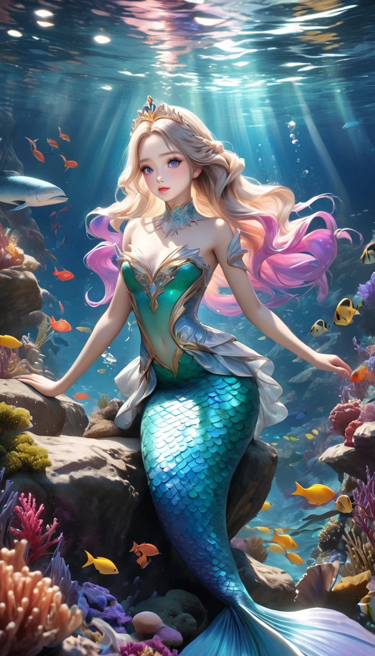 in style of Maximalism , (best quality,4k,8k,highres,masterpiece:1.2),ultra-detailed,(realistic,photorealistic,photo-realistic:1.37),(whole body:1.3)mermaid princess, detailed face, beautiful eyes, long eyelashes, delicate lips, elegant hairstyle, shimmering scales, flowing underwater hair, sea creature background, fantasy underwater scene, vibrant colors, dramatic lighting, soft focus, ethereal atmosphere