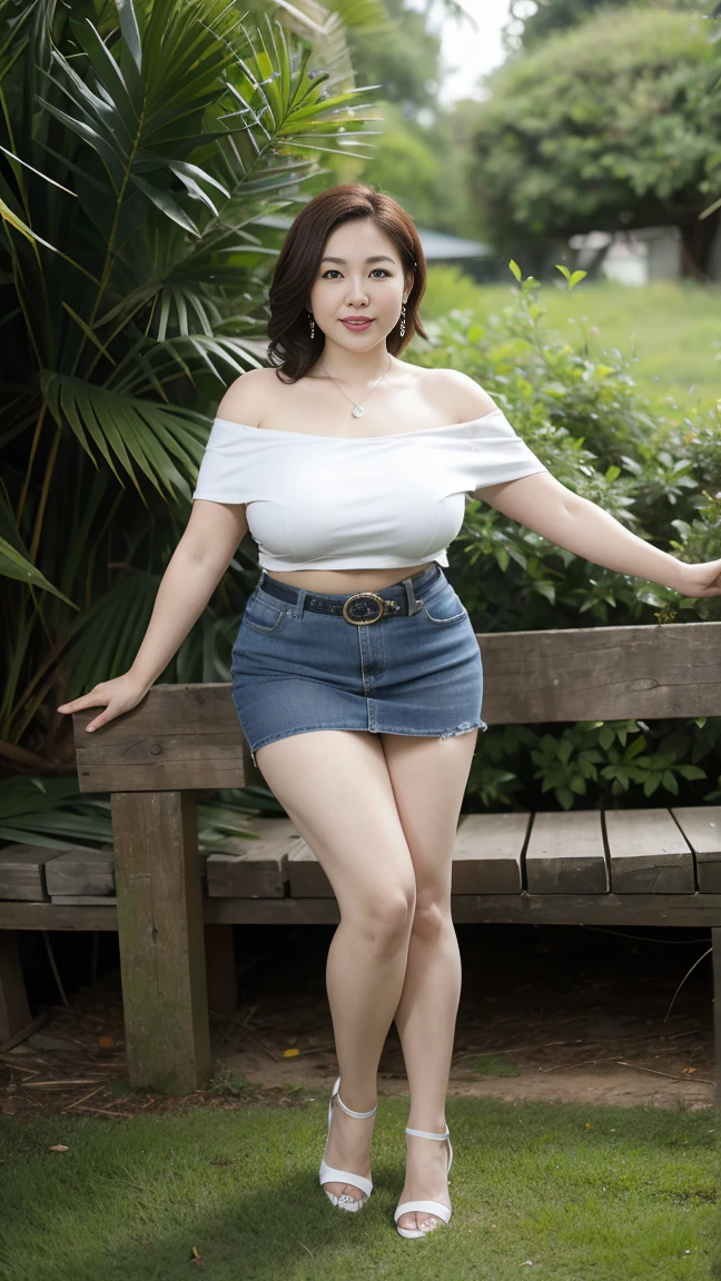 Best quality,masterpiece, Photography, (RAW photo:1.3),beautiful girl,miniskirt：2.0,charm,Sexy,Large Breasts,Fair skin,necklace, Large Breasts：1.8,Thick Legs：1.8,strong,widest hips,high-waisted skirt, denim shorts, off-the-shoulder top, crop top, waist belt, earrings, bracelet，Exposing thighs，Long legs，Wearing high heels,Height 175 cm， outstretched arms，（presenting armpit:1.2），White legs,Wide hips:2，charming， Outdoor Environment，standing，chubby massive thighs ，Close shot，from below：1.8
