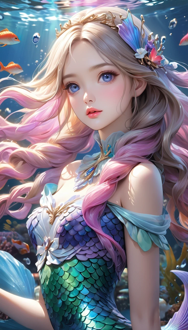 in style of Maximalism , (best quality,4k,8k,highres,masterpiece:1.2),ultra-detailed,(realistic,photorealistic,photo-realistic:1.37),（whole body：1.3）mermaid princess, detailed face, beautiful eyes, long eyelashes, delicate lips, elegant hairstyle, shimmering scales, flowing underwater hair, sea creature background, fantasy underwater scene, vibrant colors, dramatic lighting, soft focus, ethereal atmosphere