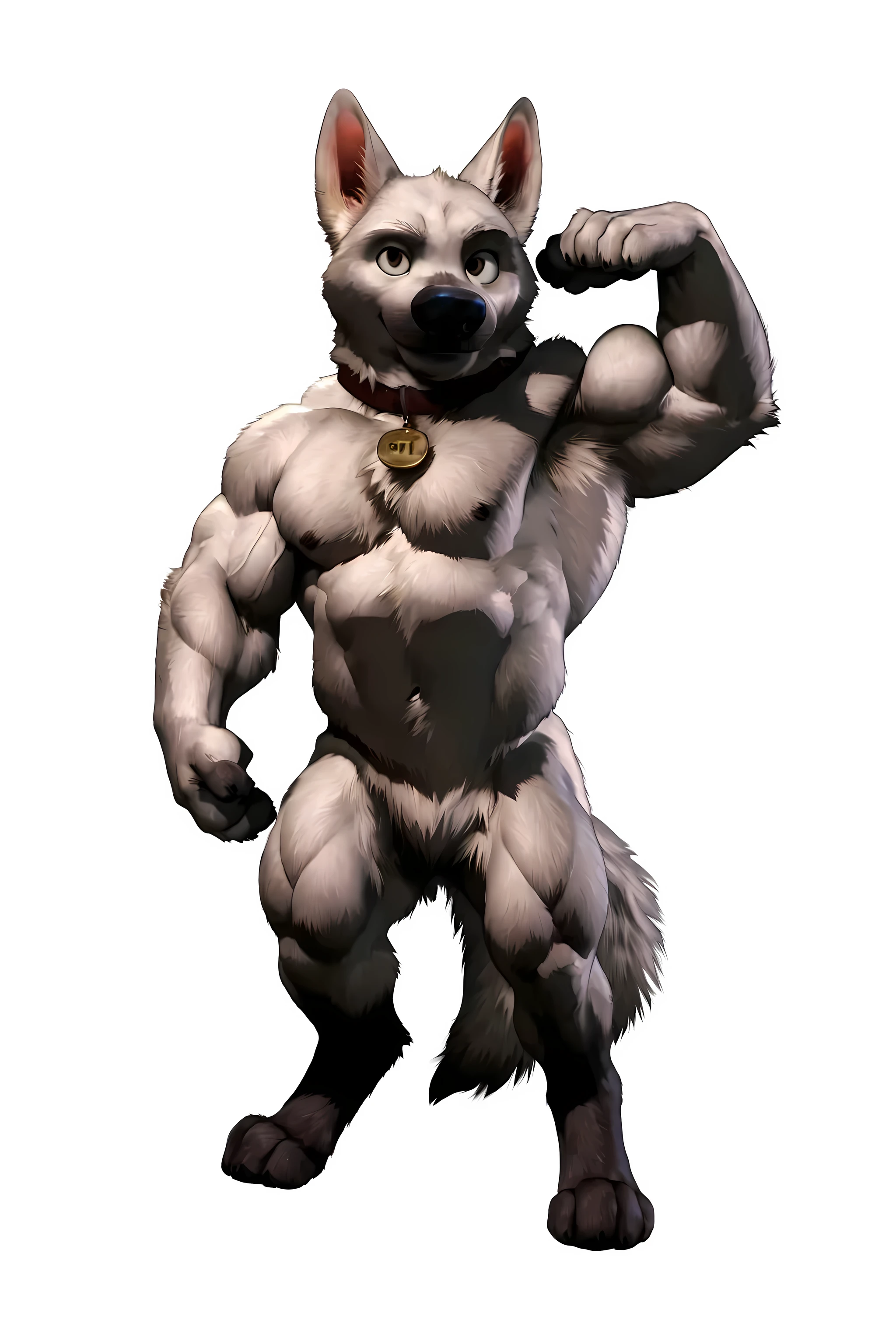 bolt the dog, adult, masculine, male, (quadruped, feral, feral dog):1.0, very muscular:1.5, muscles:1.5, strong chest, muscular shoulders, strong body, muscular neck, biceps, triceps, lats, muscular thighs, calves, vascular, veins, wide chest, taran fiddler style, virtyalfobo style, negger style, (no background, white background):1.3, cel shaded:1.1, cartoony shading, detailed eyes, high quality, high resolution, detailed, collar, full body, muscular forelegs, muscular hindlegs, white fur, standing on back legs:1.1, legs spread