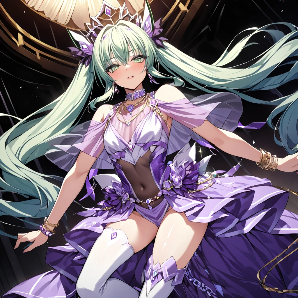 ((highest quality)), ((masterpiece)), (detailed), （Perfect Face）、The woman is Extia Flora, with light green hair in semi-long twin tails.、A gorgeous purple long slit see-through dress that lets you see right through to the skin, a see-through cape with fur, a necklace with jewels, a tiara, earrings, a head dress-up chain, a waist chain, bracelets, ankle bracelets, etc.々She wears lavish jewelry and shiny purple boots.