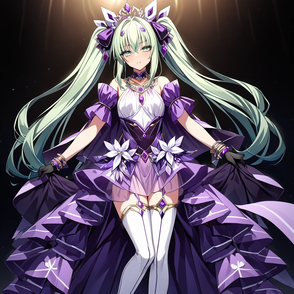 ((highest quality)), ((masterpiece)), (detailed), (Perfect Face)、The woman is Extia Flora, with light green hair in semi-long twin tails.、A gorgeous purple long slit see-through dress that lets you see right through to the skin, a see-through cape with fur, a necklace with jewels, a tiara, earrings, a head dress-up chain, a waist chain, bracelets, ankle bracelets, etc.々She wears lavish jewelry and shiny purple boots.