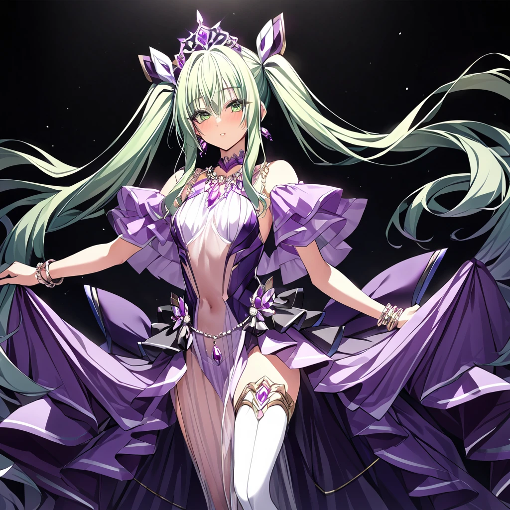 ((highest quality)), ((masterpiece)), (detailed), （Perfect Face）、The woman is Extia Flora, with light green hair in semi-long twin tails.、A gorgeous purple long slit see-through dress that lets you see right through to the skin, a see-through cape with fur, a necklace with jewels, a tiara, earrings, a head dress-up chain, a waist chain, bracelets, ankle bracelets, etc.々She wears lavish jewelry and shiny purple boots.