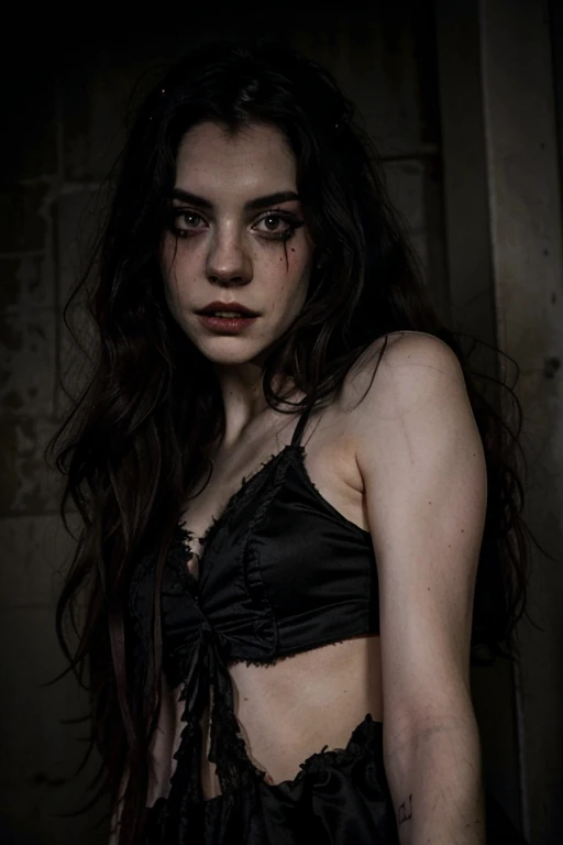 A very pale humanoid woman, with red eyes, her name is (The Englewood Succubus), she is crazy, crazy, horror, she is creepy, scary, shocked expression, very evil, she is skinny, evokes fear. , terror, dread, decay, disgust, she is a psychopath, dark, unusually thin, unusually attractive, thin, disheveled, emaciated, twisted, terrifying, sick, alone, close up, (messy_long_dark_hair), fog, evil eyes, glowing eyes , (wears an old and very dirty torn black dress), autumn weather, dusk, floating in the air, vampire, 1600